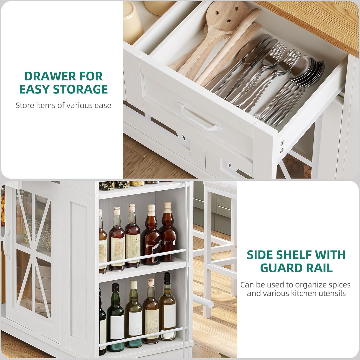 YITAHOME Kitchen Island with Seating, 47 Inch Mobile Storage Island with Drop Leaf, Rolling Islands Table with Power Outlet & Spice Rack, 2 Upholstered Stools and Footrest, for Dining Room, White Oak