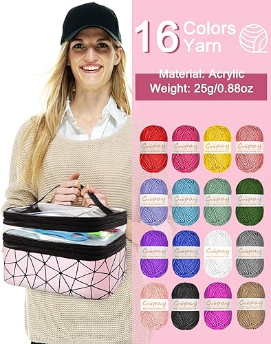 Miniatura 4 de Coopay Juego de hilo de 8 colores y 54 piezas de ganchillo con estuche, juego de ganchos de 0.6 a 0.236 in, libro de ganchillo y accesorios, kit de