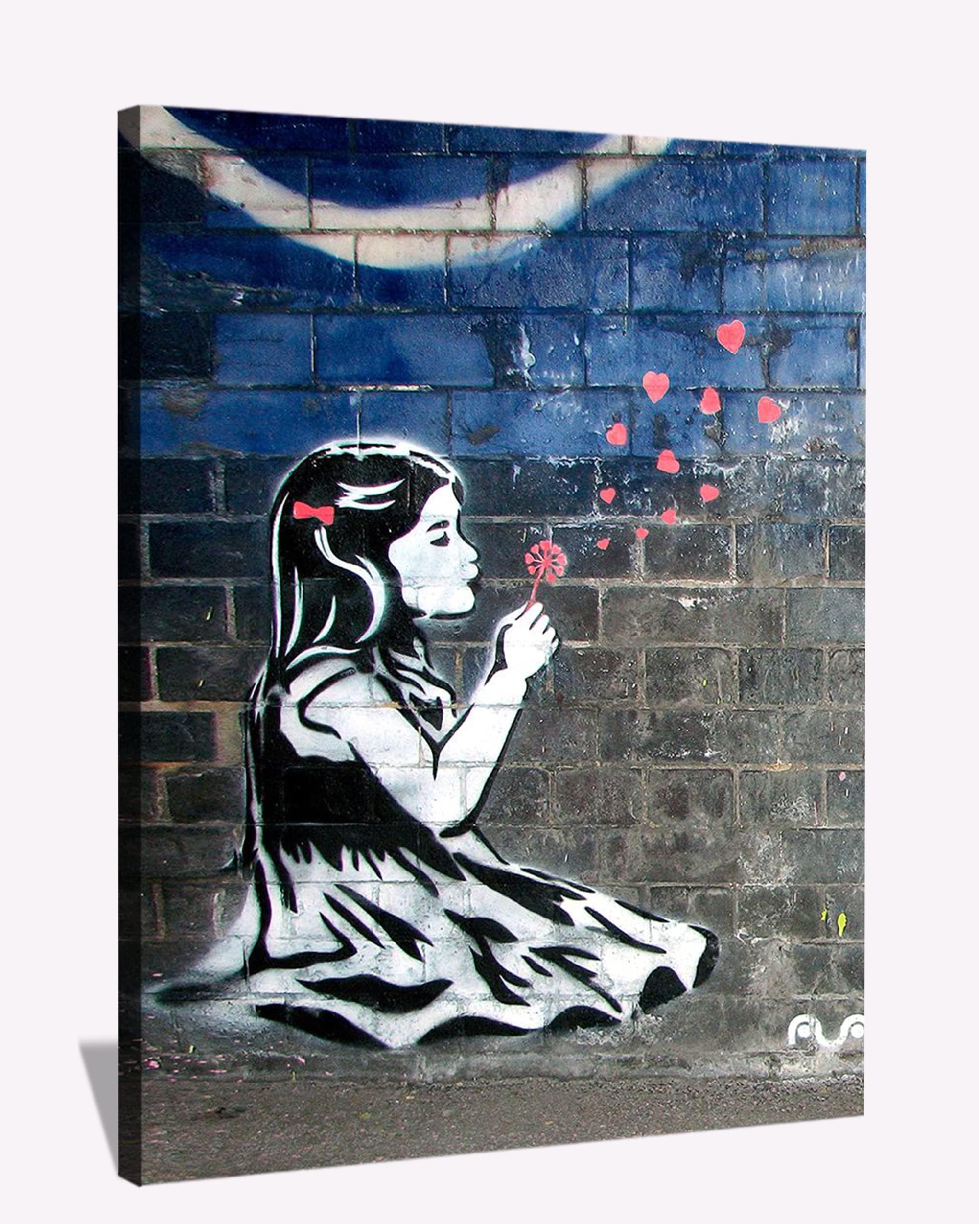 BOHU ARTS Banksy Wall Art Girl with Dandelion Banksy Graffiti Street Canvas Art Framed Painting for Bedroom Livingroom Office Ready to Hang
