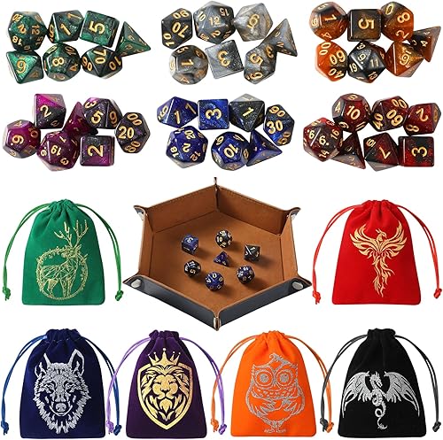 Grajar DND - Juego de dados poliédricos de 42 piezas con 6 bolsas de dados coloridos con patrón de animales y bandeja de dados de piel sintética y