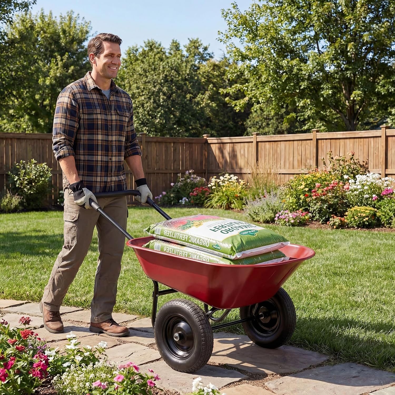 S AFSTAR Wheelbarrow Cart, Heavy Duty Garden Cart with Two 14-inch Pneumatic Tires, 330 lbs Capacity, Utility Cart for Outdoor Lawn Yard Farm Ranch (Red)