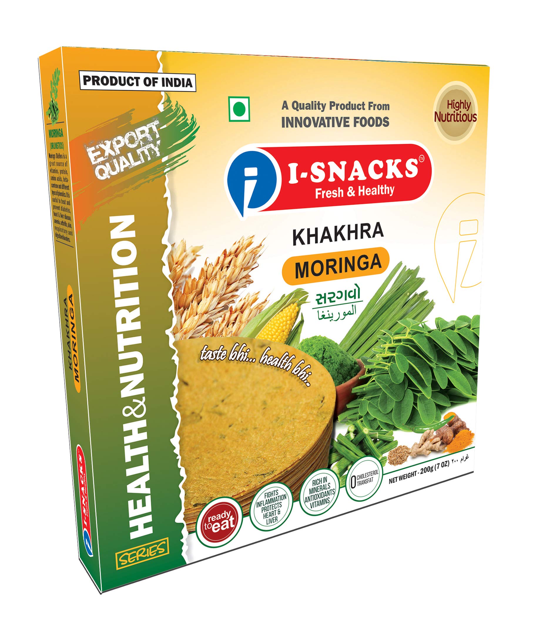 I-SNACKS Khakhra Health Series Combo Pack of 6, (Multigrain Jeera, Moringa, Kari-Patta, Oats Wheat Masala, Vitamin-D, Quinoa) 200 GMS Each