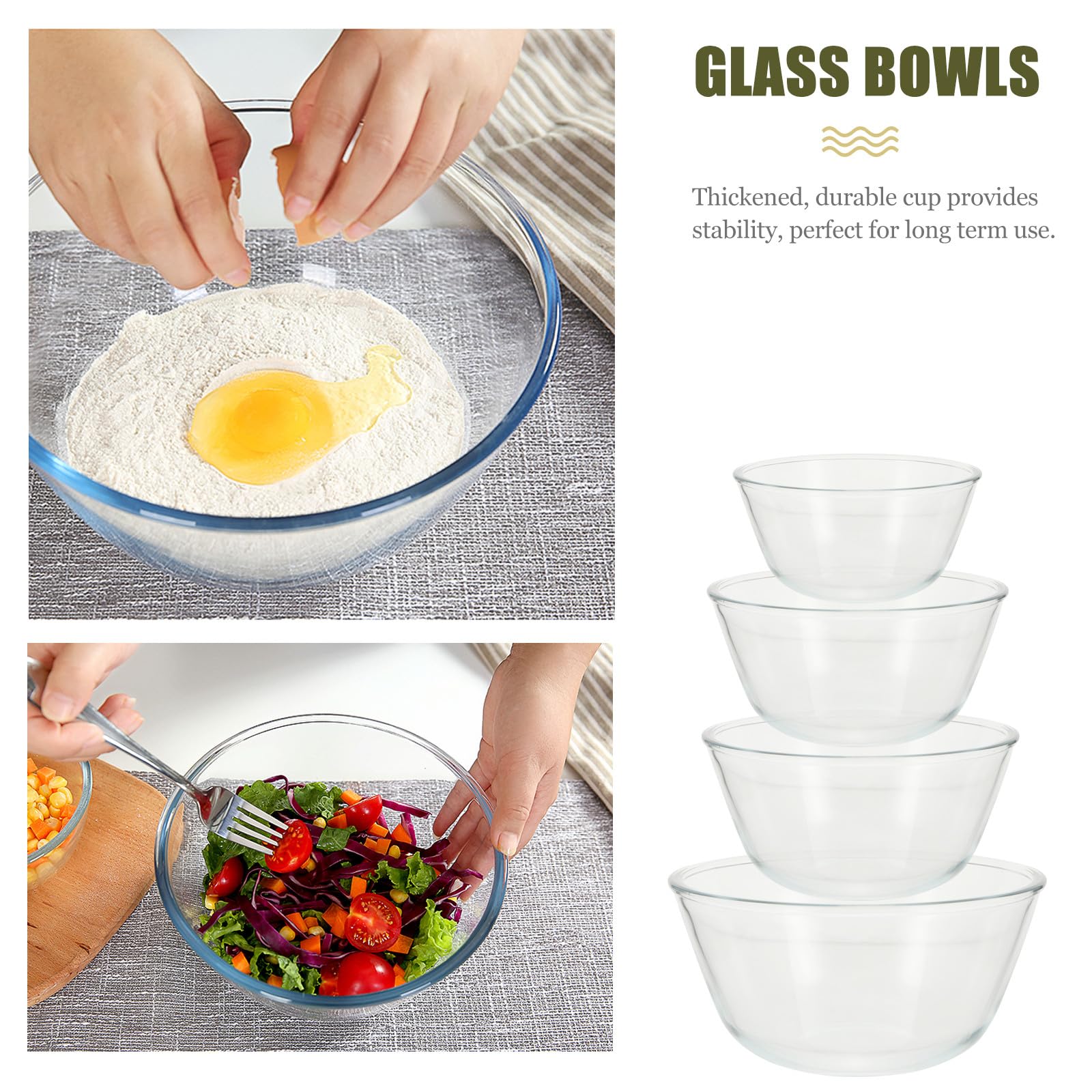 4 Stück Bowleset mit Gläsern aus Dickwandigem Glas Mikrowellengeeignete Salatschüsseln in Verschiedenen Größen für Küche und Nudeln