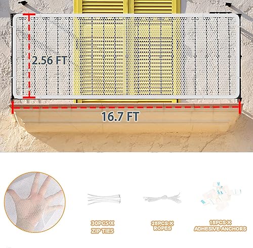 Miniatura 7 de Protector de barandilla para niños, mascotas, juguetes, red de seguridad para balcón, 19.7 pies de largo x 2.56 pies de alto, red de seguridad de