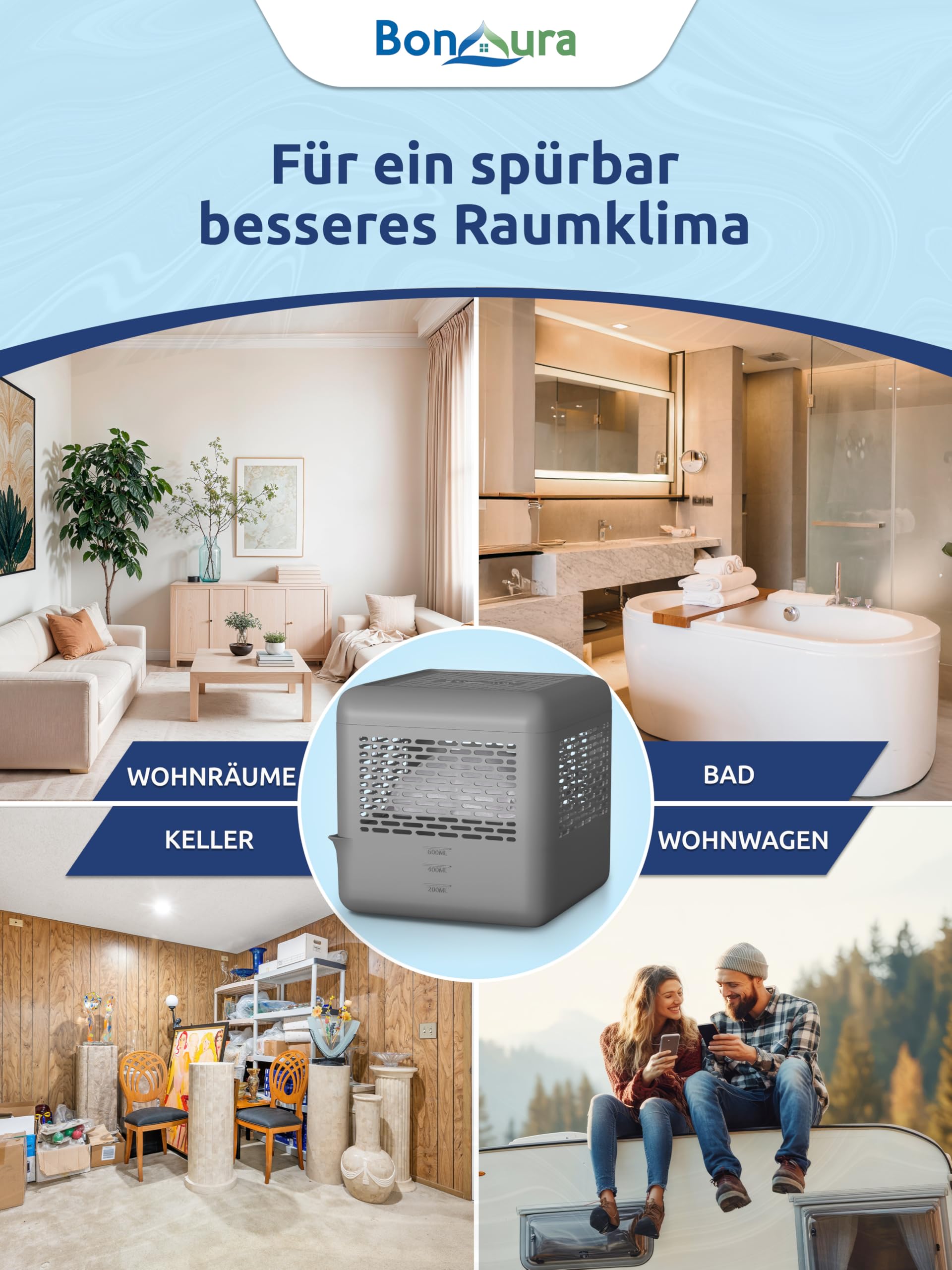 BonAura 4 x osuszacz powietrza bez prądu + 8 x 400 g nawilżacz powietrza w opakowaniu uzupełniającym – osuszacz powietrza do 40 m² do piwnicy, łazienki i wielu innych – granulat do osuszania i