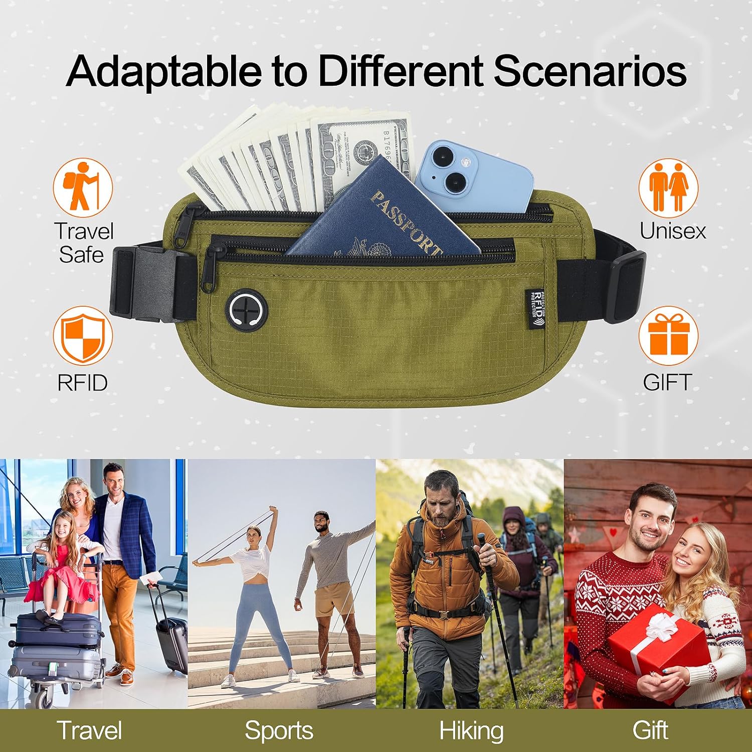Slim RFID Blocking Money Belt for Travel - Anti-Theft Hidden Passport Holder Waist Wallet with Secure Pouch for Cash, Credit Cards & Phone Safe (Olive-green) - Image 4