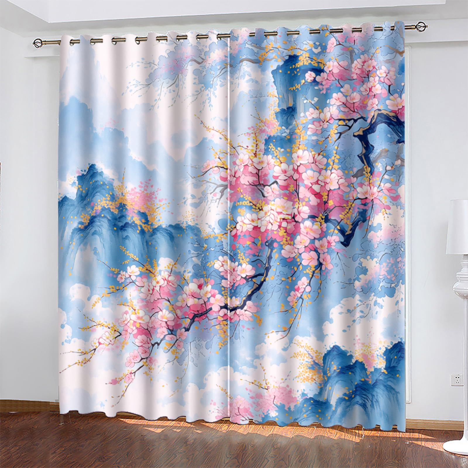 Blackout Eyelet Curtains Orange Pink Flowers Thermal Blackout Curtains for Bedroom Living Room Black Out Curtain Reduce Noise Eyelet Curtins Durable Polyester Thick Window Curtain 2x75x166cm