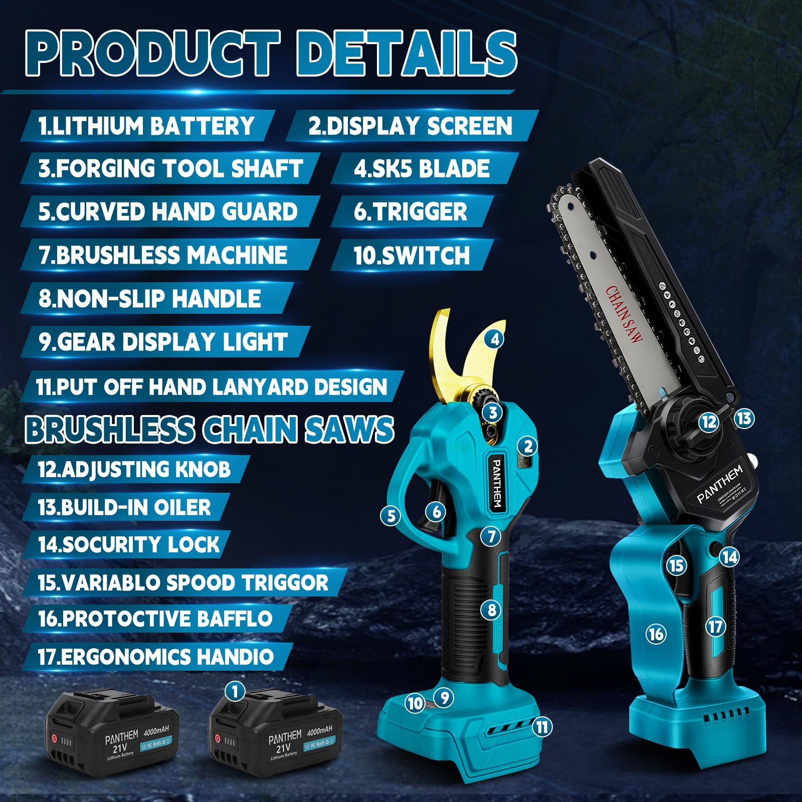 Akku Hochentaster Ast Kettensäge Profi Astsäge kompatibel mit Makita 18V (ohne Akku), 4 IN 1 Mini 6 zoll Akku Kettensäge und Astschere Teleskop Elektro teleskopsäge Arbeitshöhe bis 4,6m