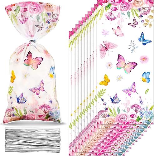 Pajean 100 bolsas de golosinas de celofán con diseño de mariposas y flores de acuarela con 100 lazos giratorios para cumpleaños, baby shower,