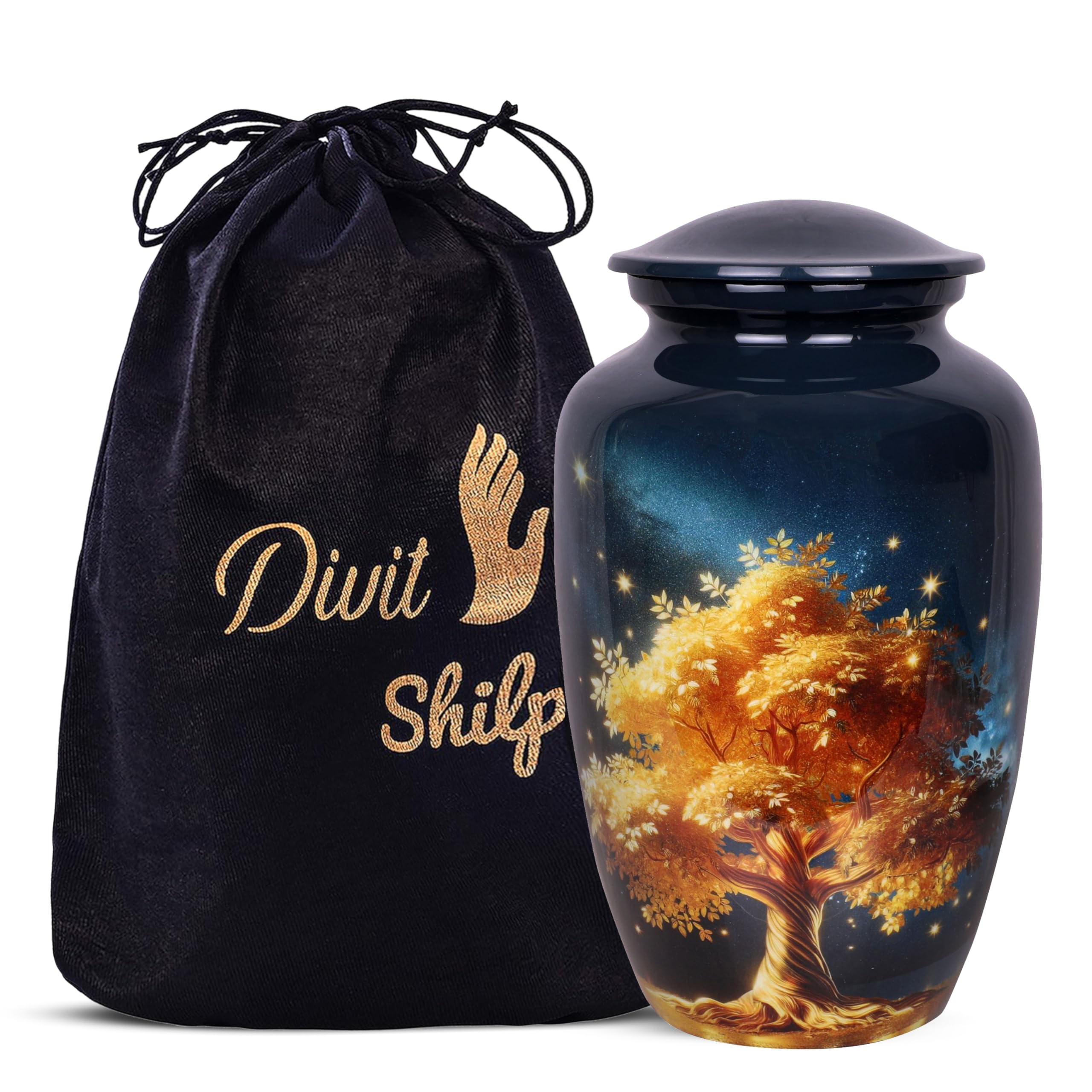 Cremation Urn for Human Ashes with Velvet Bag, for Adults up to 100 kgs, Funeral Urns by Divit Shilp (Golden Tree, Adult)