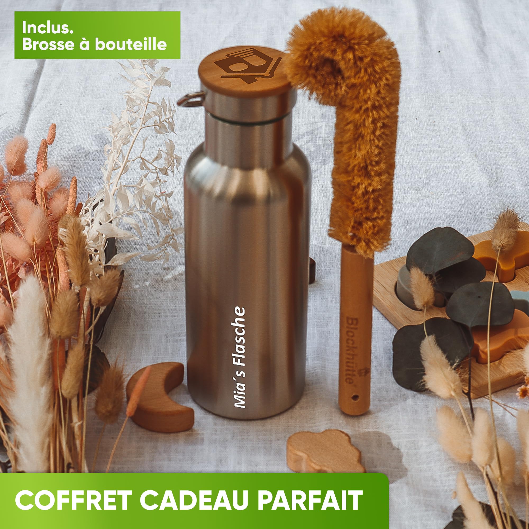 Blockhütte gourde isotherme personnalisée en acier inox, bouteille isotherme 1l, bouteille d'eau anti-fuite, gourde thermos passe au lave-vaisselle I pour école, bureau, enfants, adultes