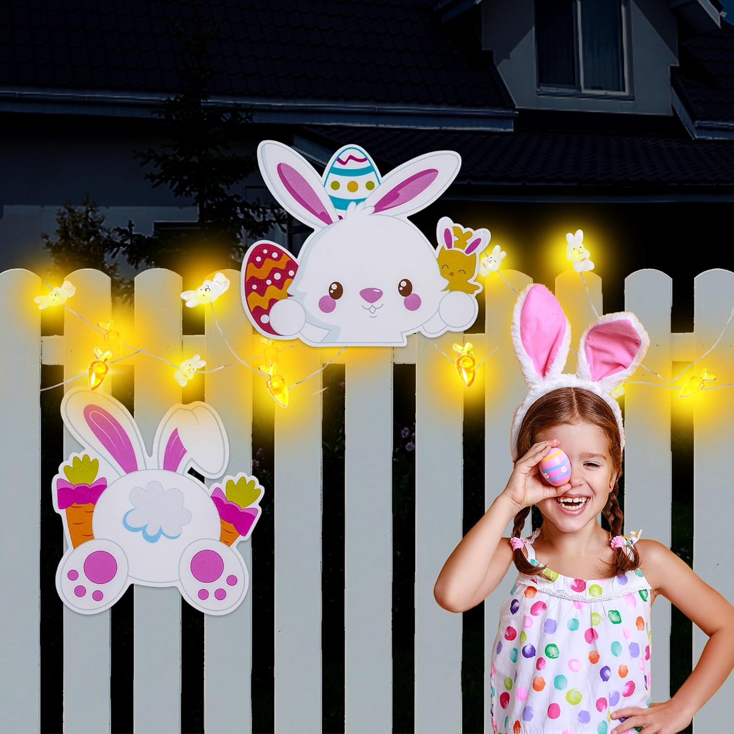 Easter Fence Peeker Outdoor Decorations Light Up Bunny Eggs Peeking Garden Yard Signs with LED String Lights for Fence Yard Home Patio Garden Lawn Easter Decor Outside