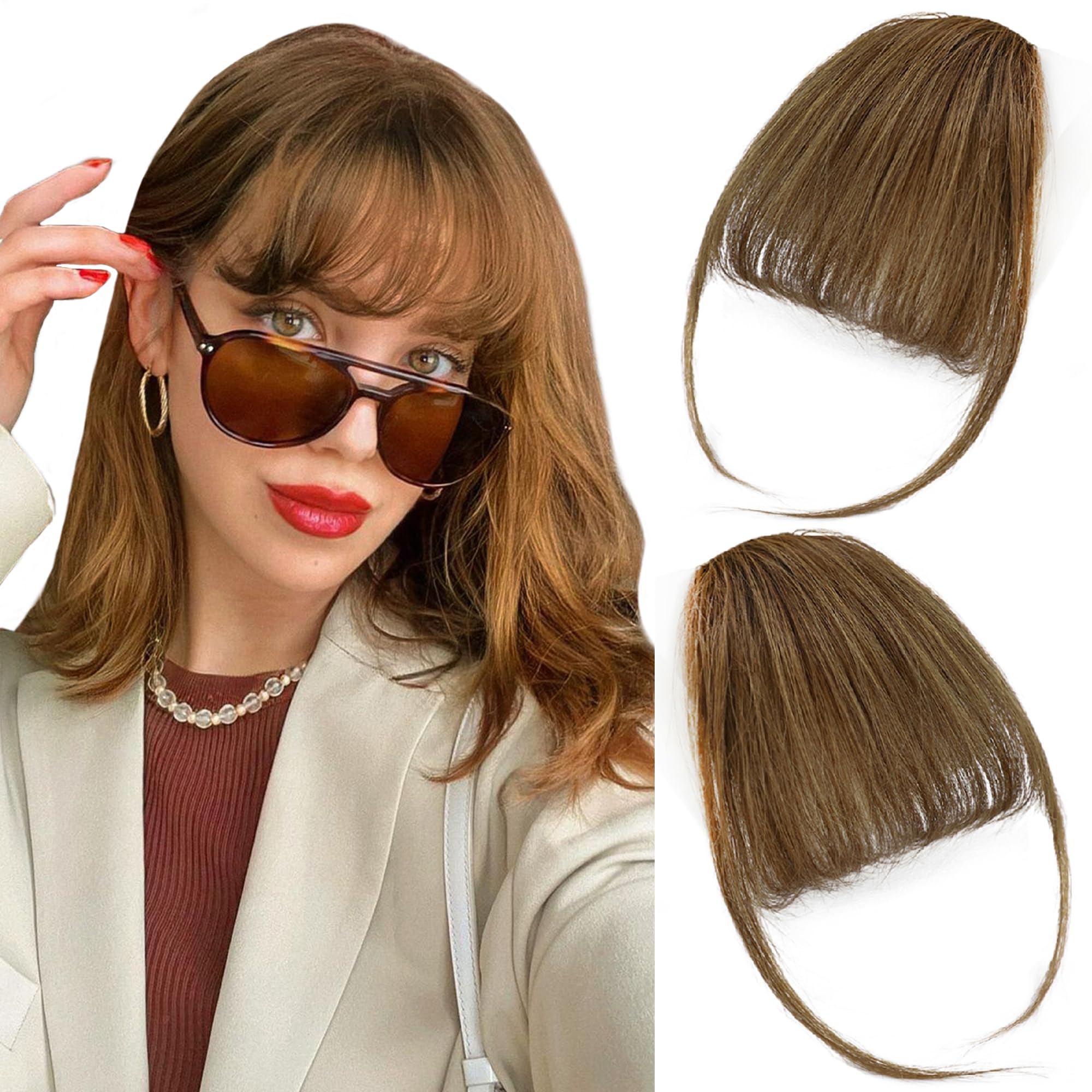 HMD Bangs Hair Clip in Bangs Real Human Hair Wispy Bangs Fringe with Temples Hairpieces for Women Clip on Air Bangs Flat Neat Bangs Hair Extension for Daily Wear（Brown）