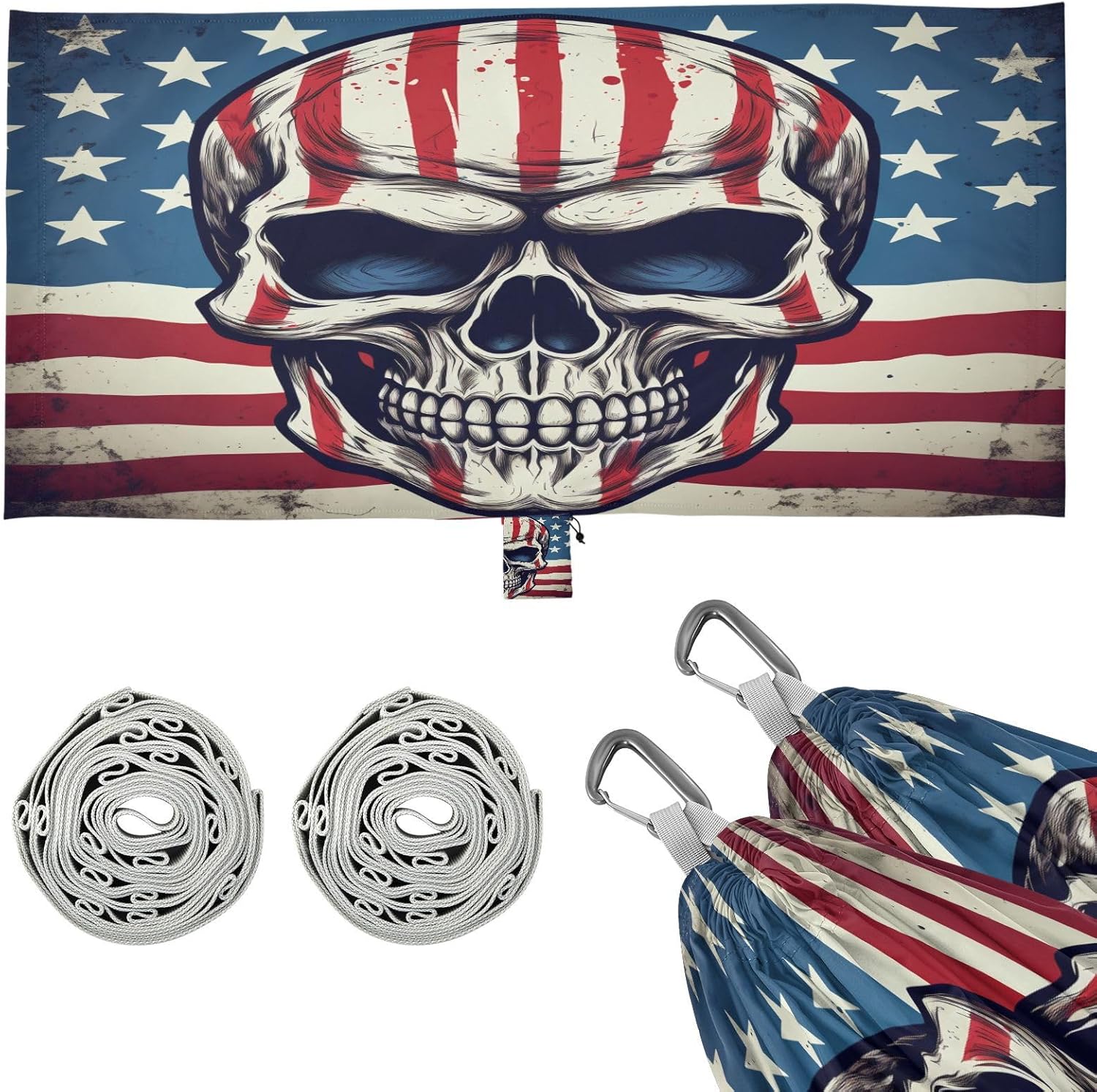 ALAZA American Flag Skull Camping Hammocks Single or 2 Person 500 lbs Portable Parachute Travel Hammock w/Tree Straps for Hiking Backpacking Indoor Outdoor