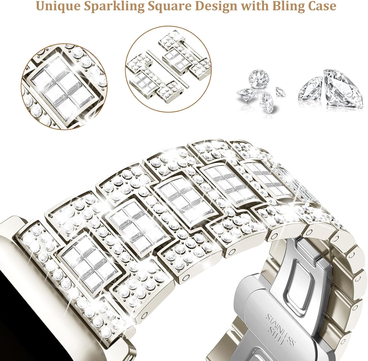 Mosonio Compatible with Bling Apple Watch Band Women 40/44/41/45/42/46mm with Shiny Metal Case, Full Sparking Luxury Diamond Bands and Cover Set, Charming Wedding Strap for iWatch SE Series 11/10/9/8/7/6/5/4 - Image 5