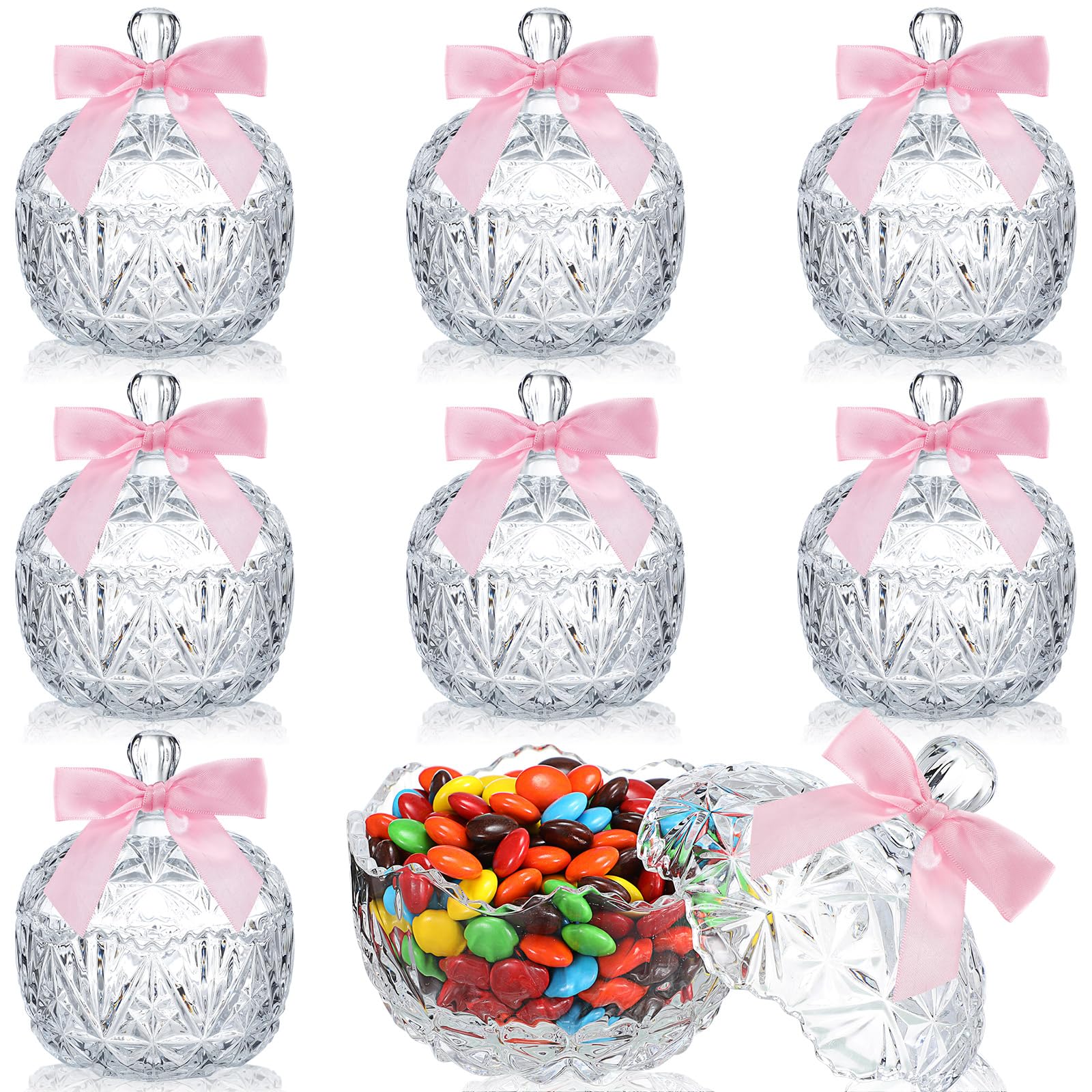 Bocaux à bonbons en verre pour candy bar de mariage | 8 mini plats déco chic avec ruban satin