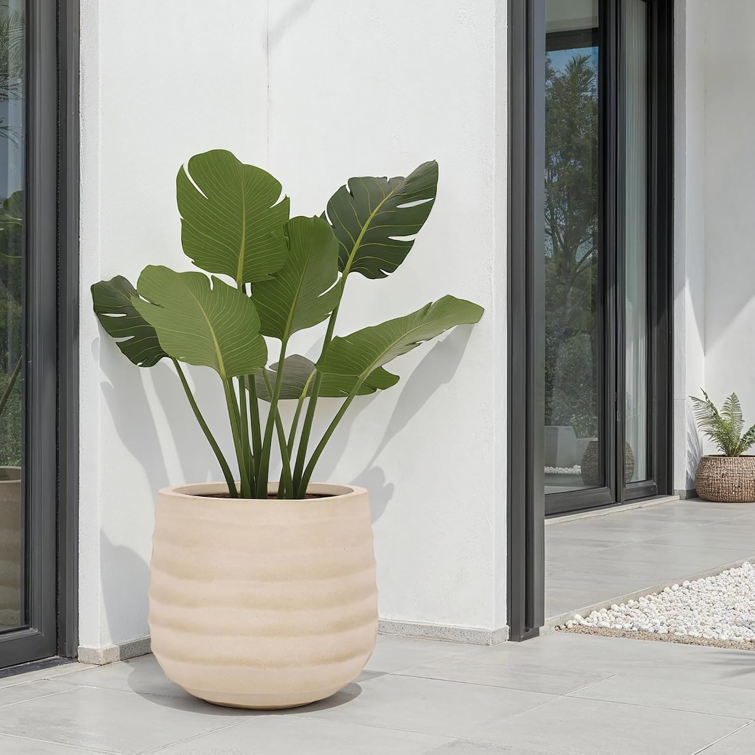 SAFAVIEH Outdoor Patio Furniture Collection - Marta Beige Ficonstone Planter Pot, Modern Round Plant Container, Fully Assembled (PAT1542B)