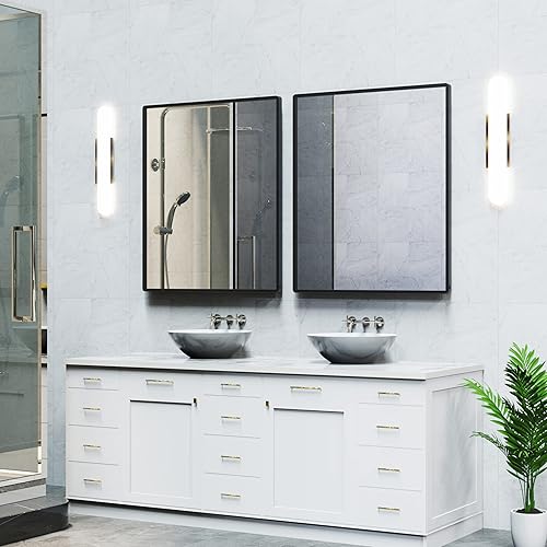 Miniatura 6 de WONSTART Espejo de baño con estante, espejo de pared rectangular negro, marco de metal, colgante horizontal o vertical (24 x 20 pulgadas)