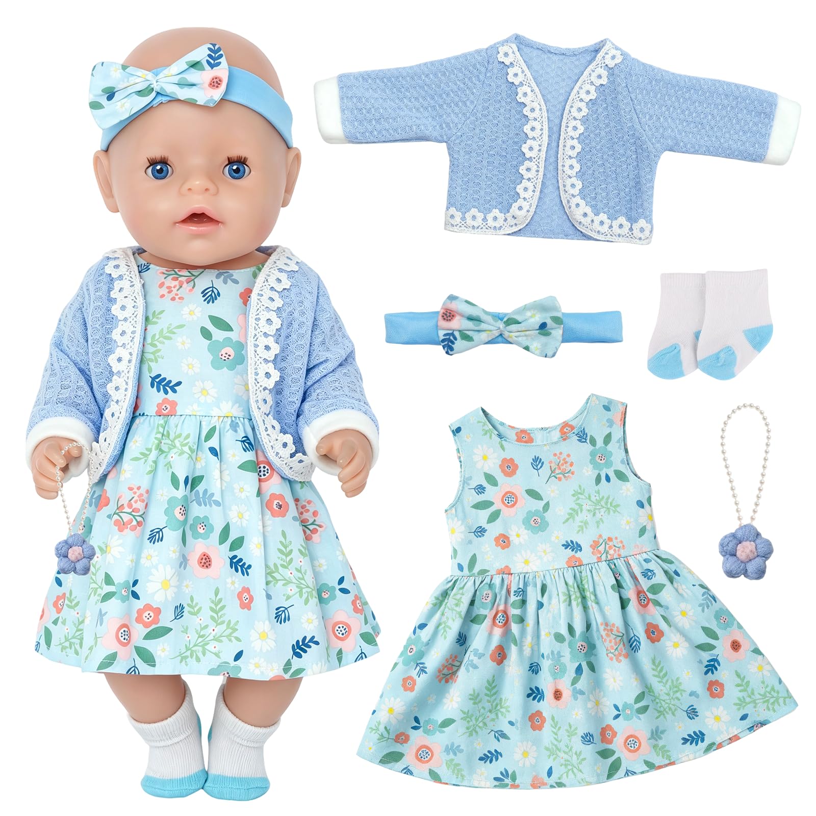 Baby Doll Clothes for 14-18 Inch Dolls, 5 Pcs Green Dolls Clothes with Knitted Cardigan Floral Skirt Flower Pendant Bow Hairband White Socks for 35–43 CM, Baby Doll Accessories Gift for Girls Boys