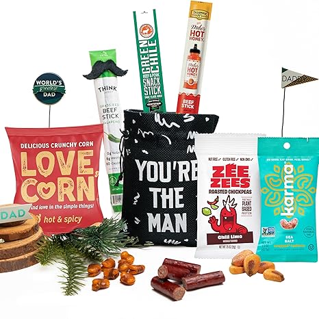 Beef Jerky Gift Bag for Men - Healthy & Exotic Variety Pack w Meat Snacks, Pork Rinds, Venison, Chicken, Pork & Beef Sticks Gift for Dads (Spicy Jerky Nuts - You're The Man Bag)