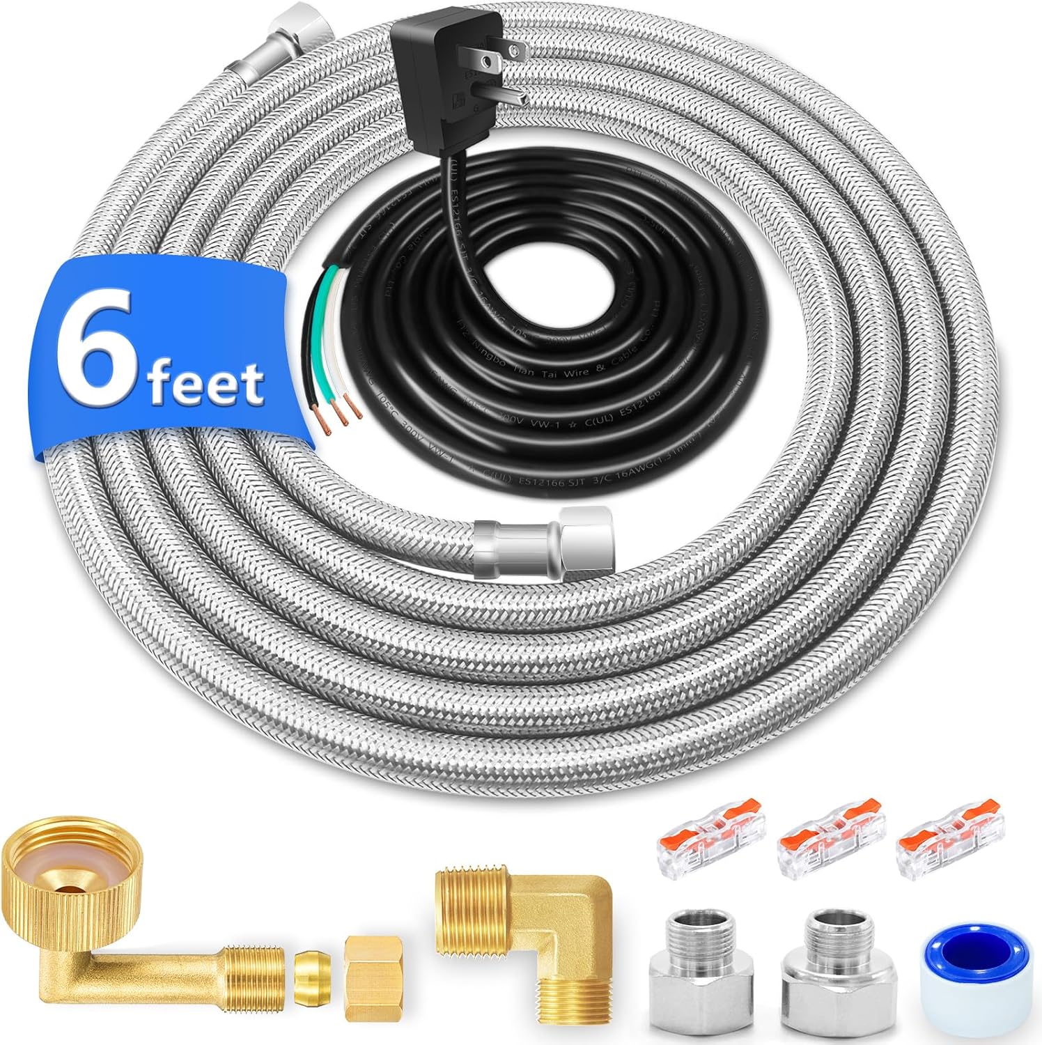 Dishwasher Installation Kit – 6 FT Stainless Steel Dishwasher Hose with 3/8″ Compression Connections,Food Grade PEX Inner Tube Dishwasher Water Supply Line with Elbows,Adapters and 6 FT Power Cord Dishwasher Installation Kit – 6 FT Stainless Steel Dishwasher Hose with 3/8″ Compression Connections,Food Grade PEX Inner Tube Dishwasher Water Supply Line with Elbows,Adapters and 6 FT Power Cord