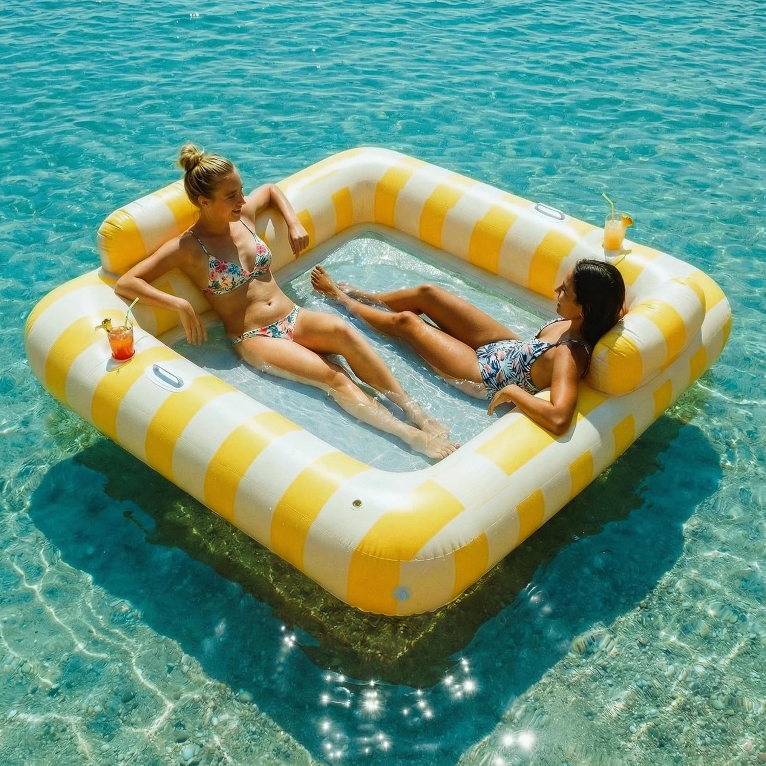 Float Joy Lake Floats for Adults Tanning Pool Floaties for 2 Person 75" x 67" Giant Pool Lounger Inflatable Pool Hammock Floating Island with Cup Holders