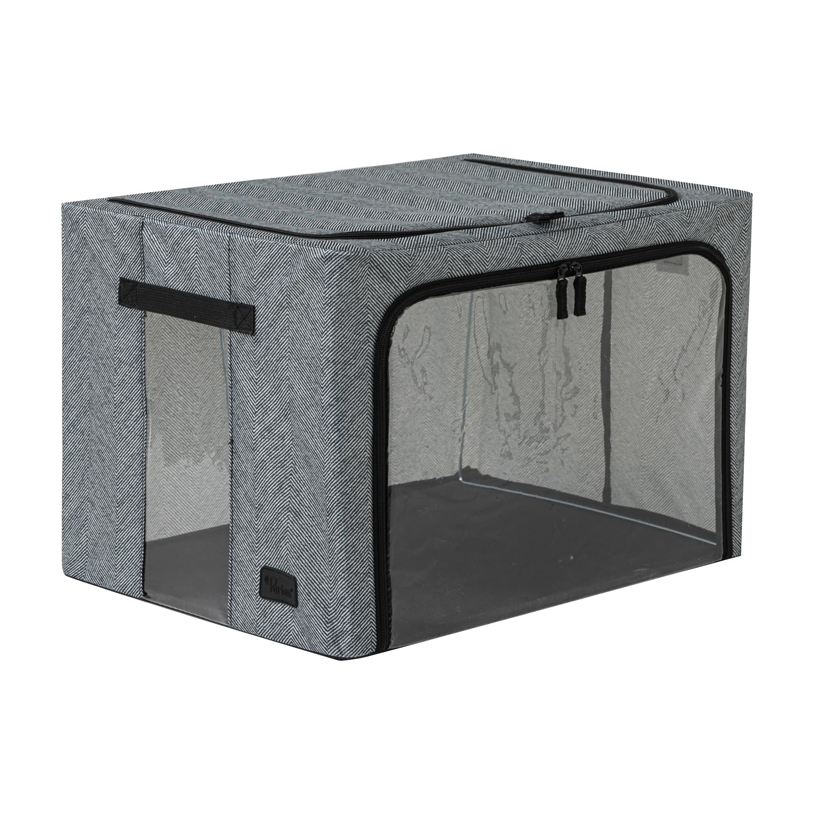 Periea ‘Beau’ Folding Collapsible Stackable Fabric Home Storage Boxes with Steel Frames (Herringbone, Large)