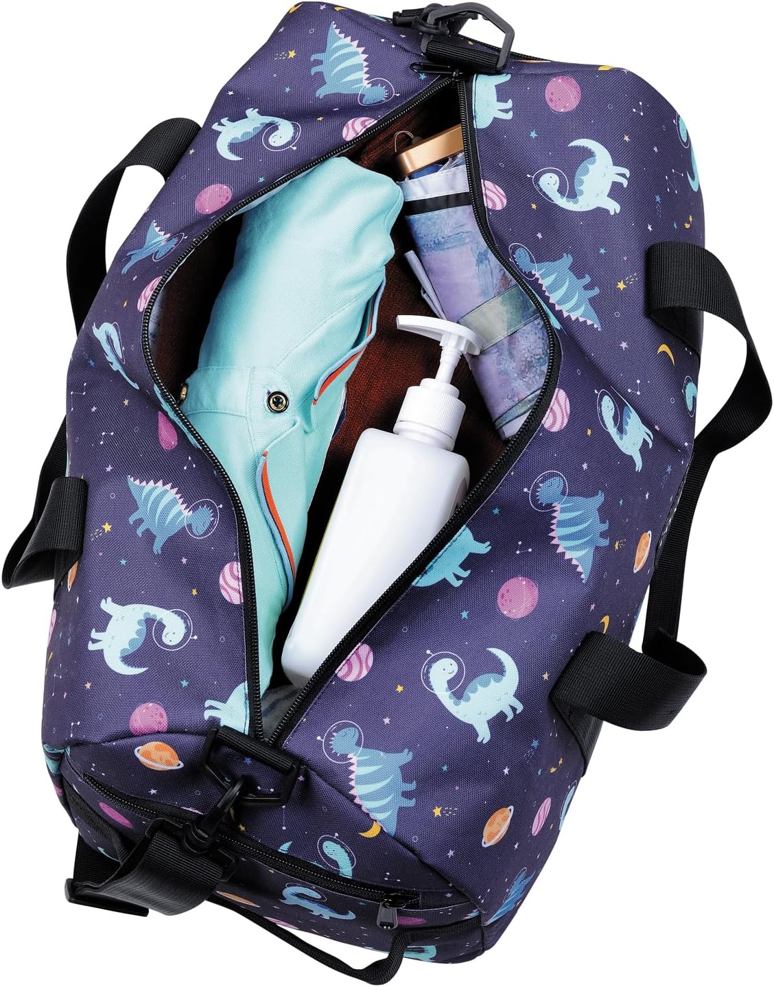 Kids Duffle Bag Overnight Bags for Boys and Girls Weekender Sleepover Carry-On Tote for Traveling Gym Sport Dance (Dinosaur Navy) - Image 4