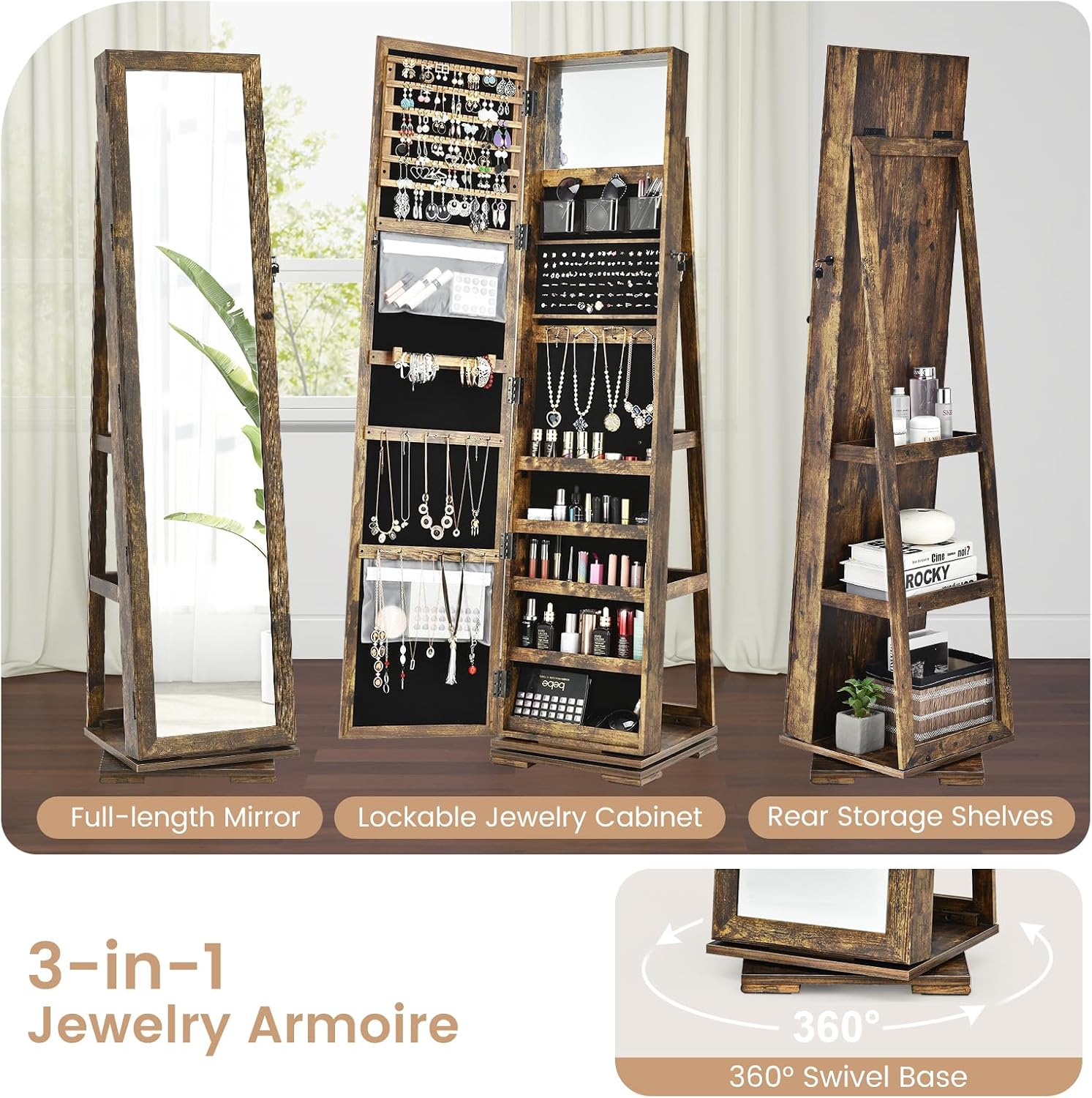 GOFLAME 360° Rotating Jewelry Armoire, Lockable Jewelry Cabinet with Full-Length Mirror & Inner Makeup Mirror, Standing Jewelry Storage Organizer with Rear Storage Shelves, Rustic Brown