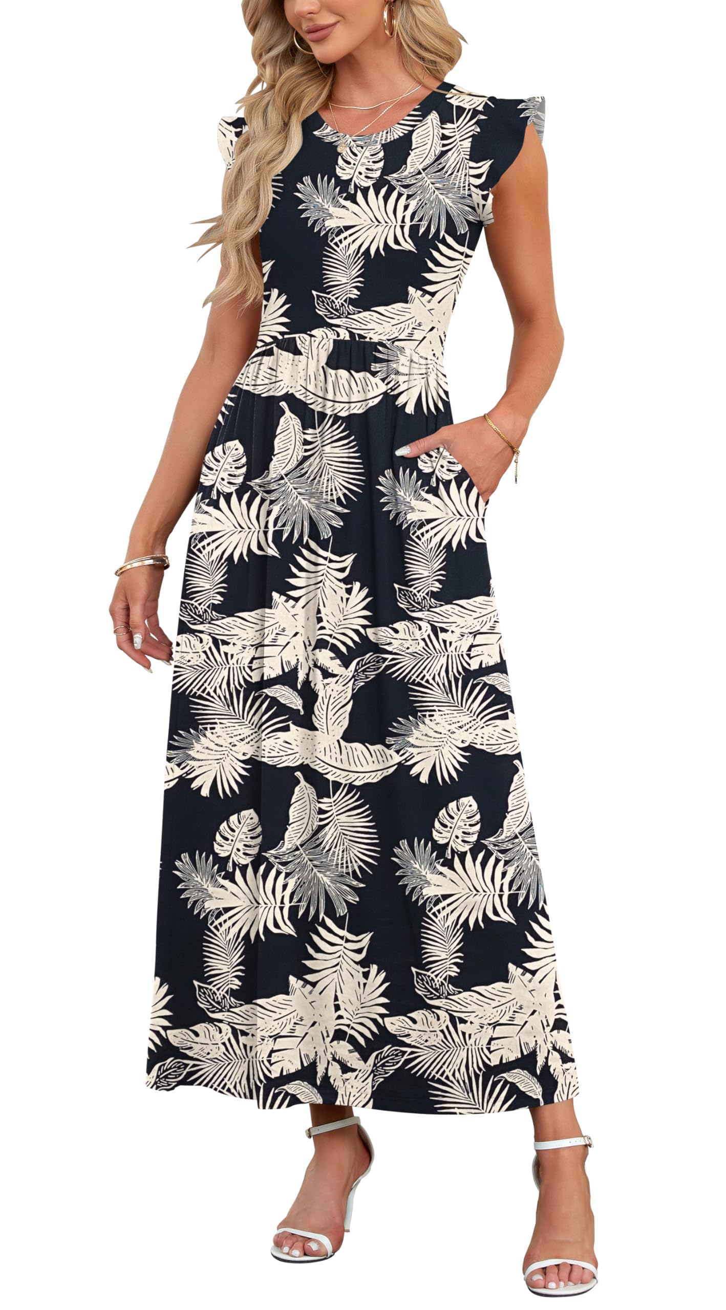 AUSELILY Damen Sommer Rundhalsausschnitt Maxi Kleid mit Taschen Kurzarm und Rüschen Lässiges Hohe Taille Langes Lockeres Bodenlanger Rock Dunkler Regenwald XXL