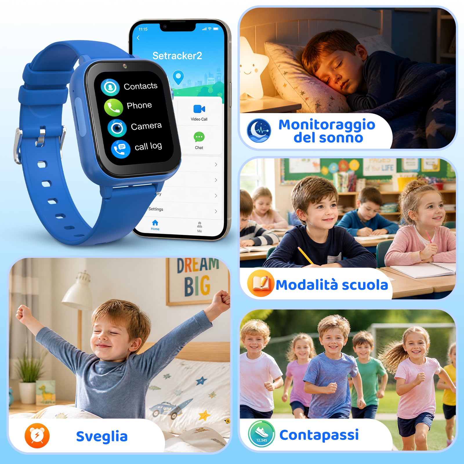 CHAKEYAKE Smartwatch per Bambini, 4G Chiamate Vocali e Video con GPS, IP67, funzione SOS, Monitoraggio del Sonno, Sveglia, Modalità Scuola, Schermo Touch HD da 1,83" Regalo per Bambini 4-12 Anni, Blu