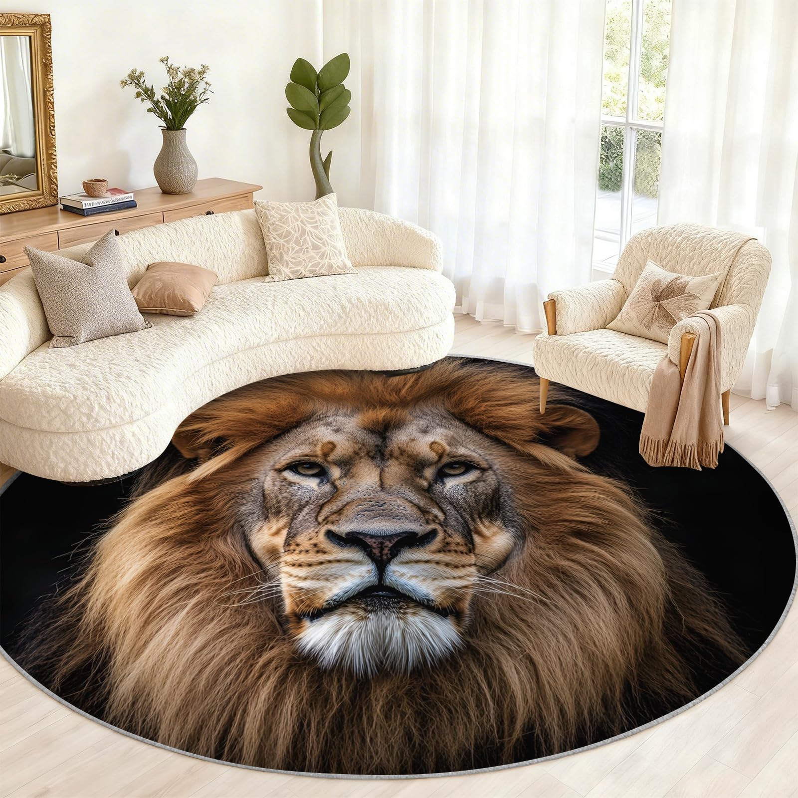 Tapis rond antidérapant pour chambre à coucher au motif lion chic