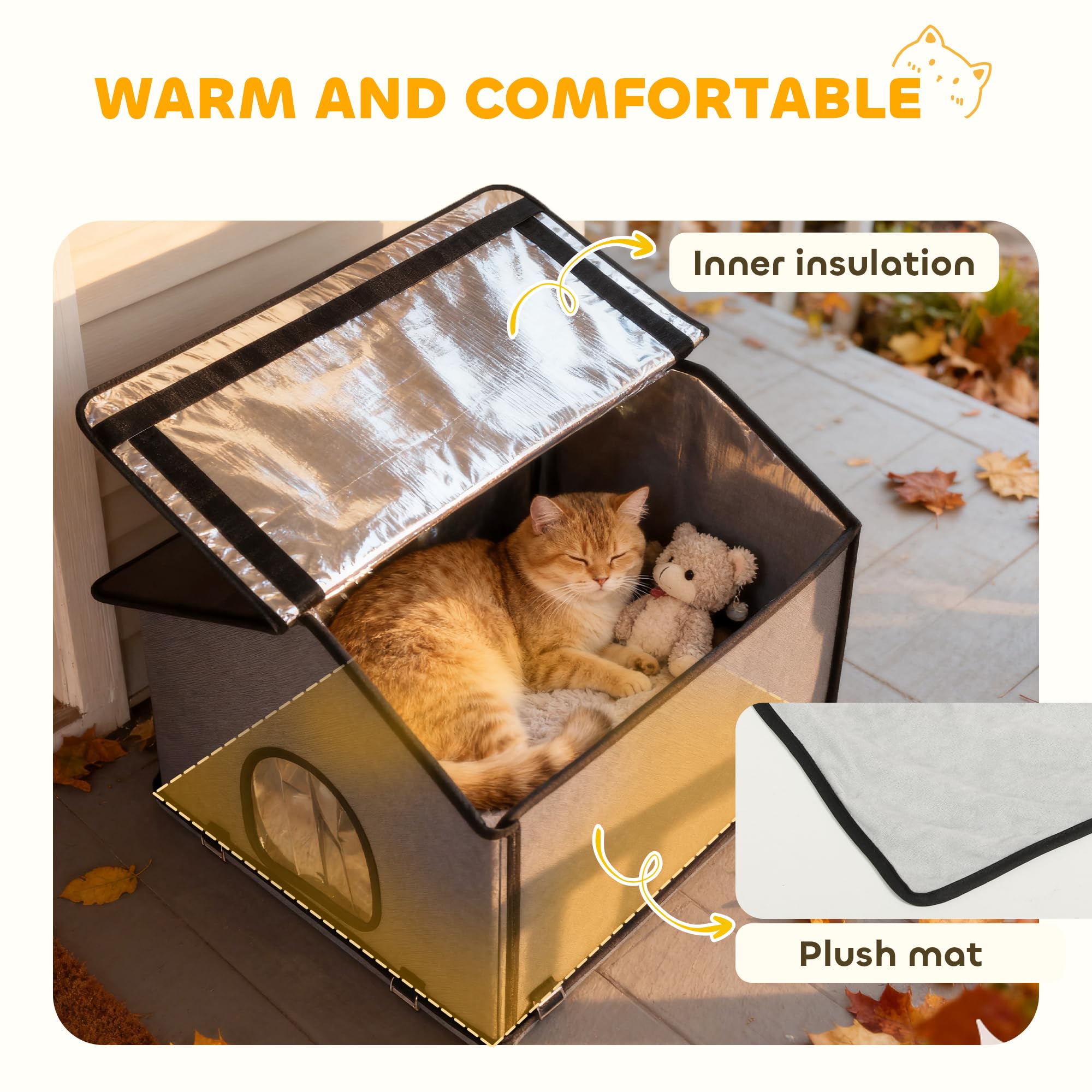PawHut Casa Gato Exterior Impermeable aislada cojín para Gatitos Gris | Perrera gato, base elevada, refugio plegable para gato callejero, interior exterior