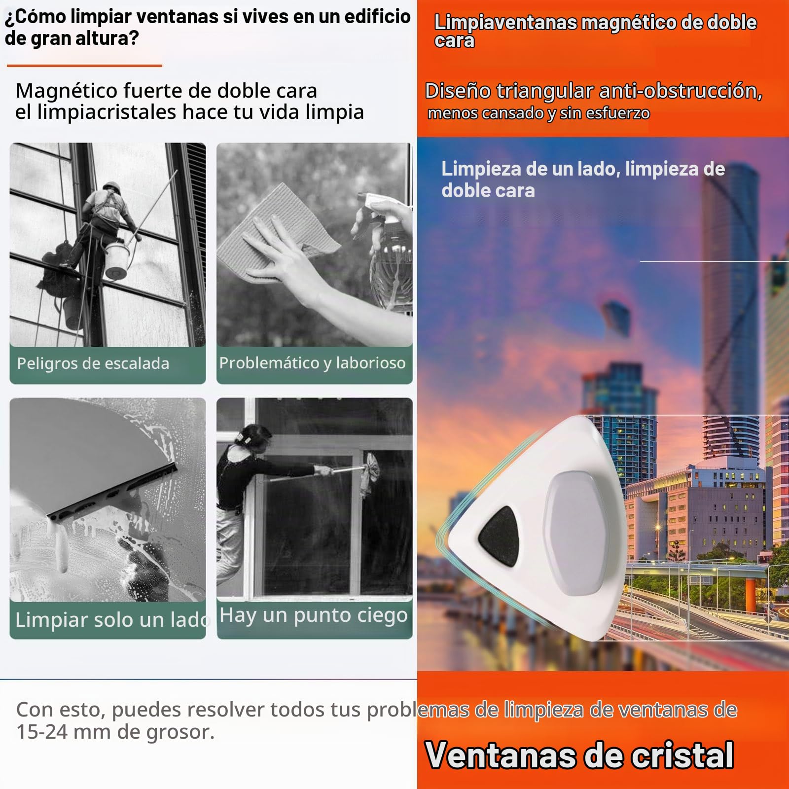 Limpiador Magnetico Para Cristales Doble Acristalamiento 15-24mm, Limpia Ventanas De Doble Cara, Ligero Y Portátil, Ventanas Gran Altura,Balcón,Oficina Limpiacristales Profesional