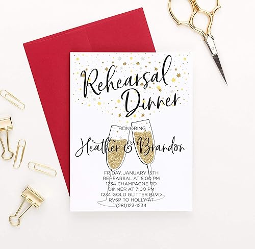 Miniatura 3 de Elegant Rehearsal Dinner Invitation Personalized, Champagne Flutes with Gold, Your choice of Quantity and Envelope Color