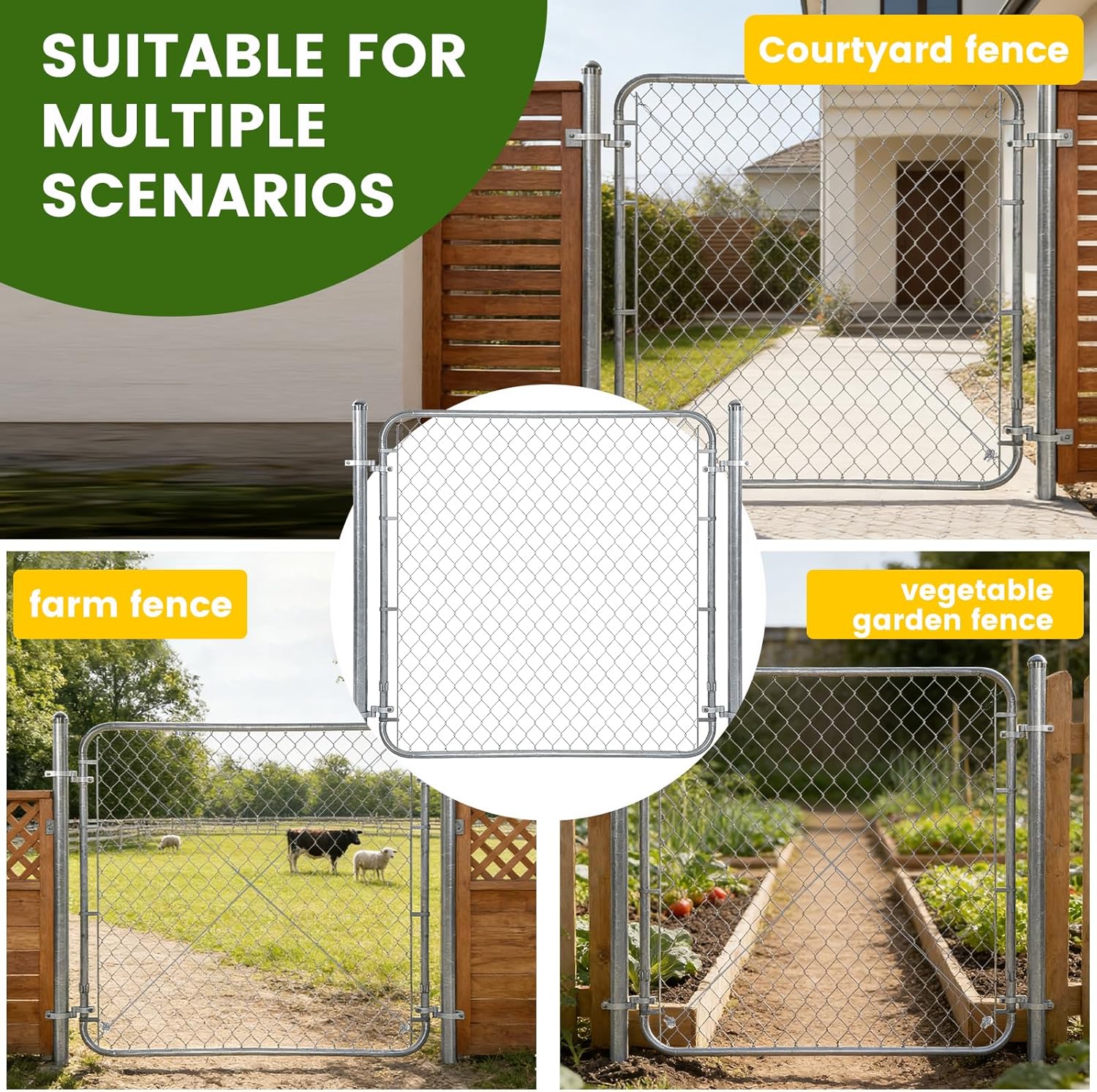 48" H Chain Link Fence Gate with 67" Posts – Width Adjustable 24"-72" Galvanized Metal Yard, Garden & Farm Gate Kit for Backyard, Dog Fence, Chicken Coop & Side Gates