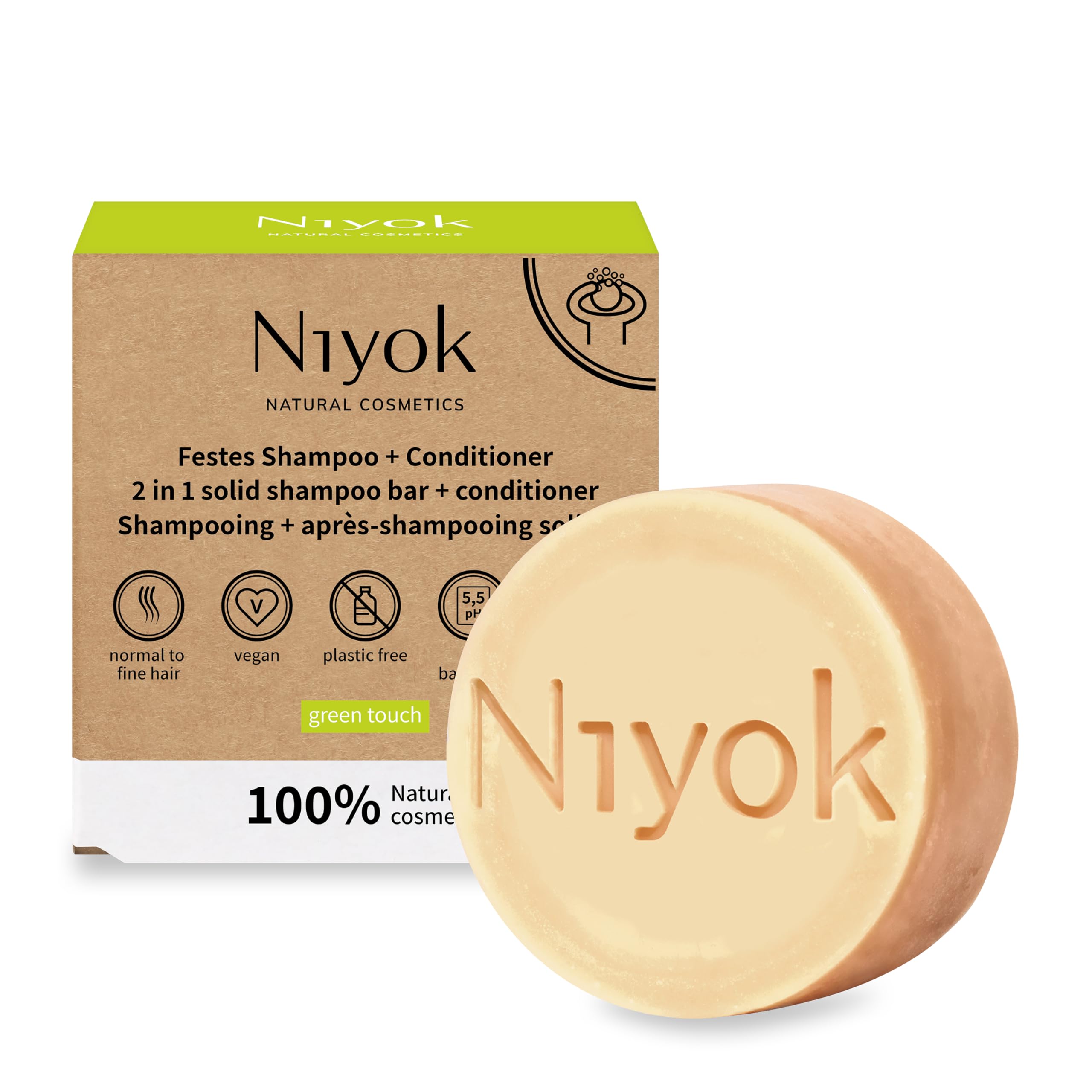 Niyok® 2-in-1 Festes Shampoo + Conditioner "Green Touch" (80g) • Vegane Haarseife • Nachhaltiges Shampoo & Spülung • Haarshampoo & Haarspülung • 100% Naturkosmetik • Plastikfrei & Vegan