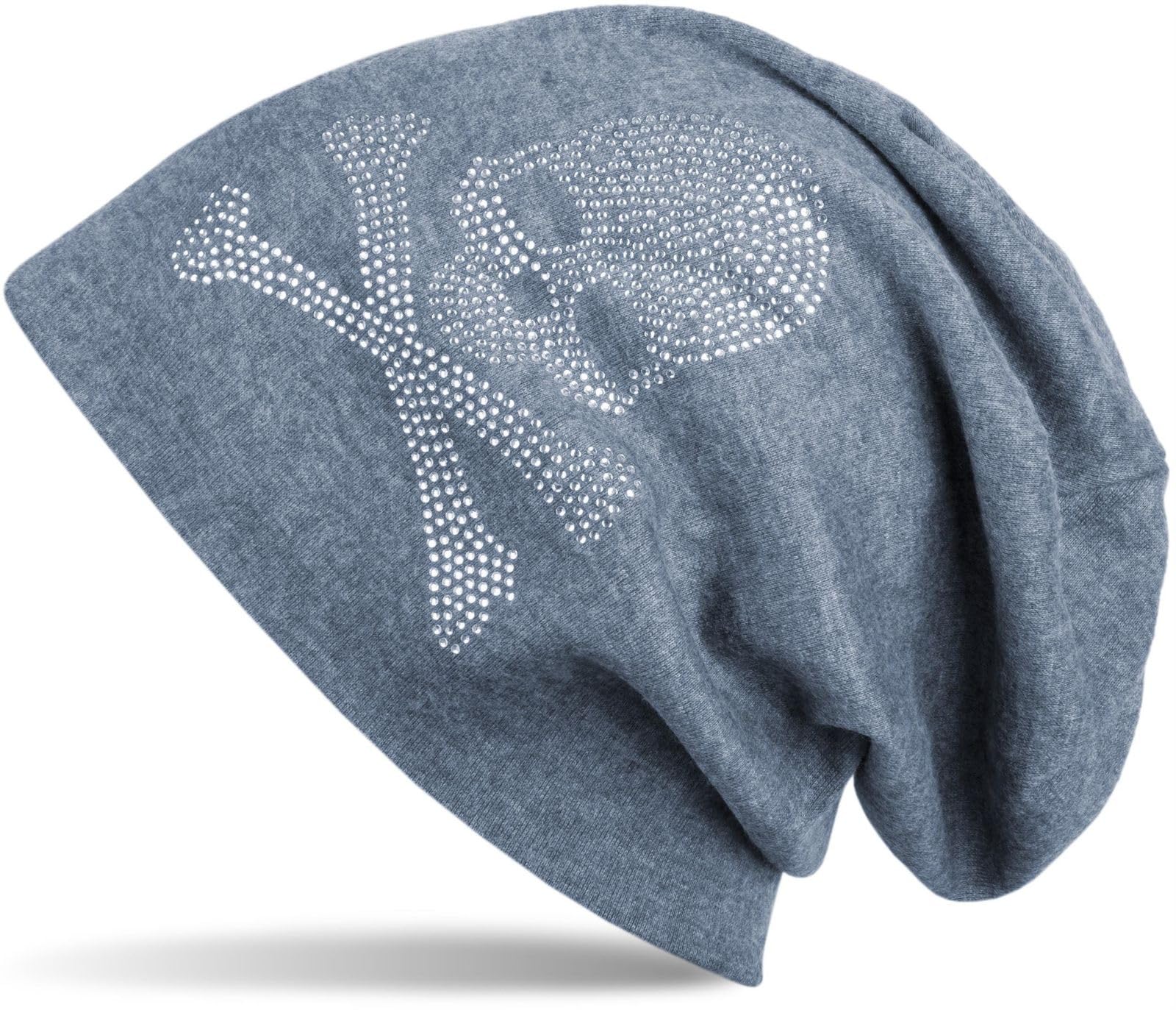 Stylebreaker Women's Mottled Blue-Grey Classic Beanie Hat With Skull Rhinestone Detail, Unisex 04024034, Colour:, Material:warm