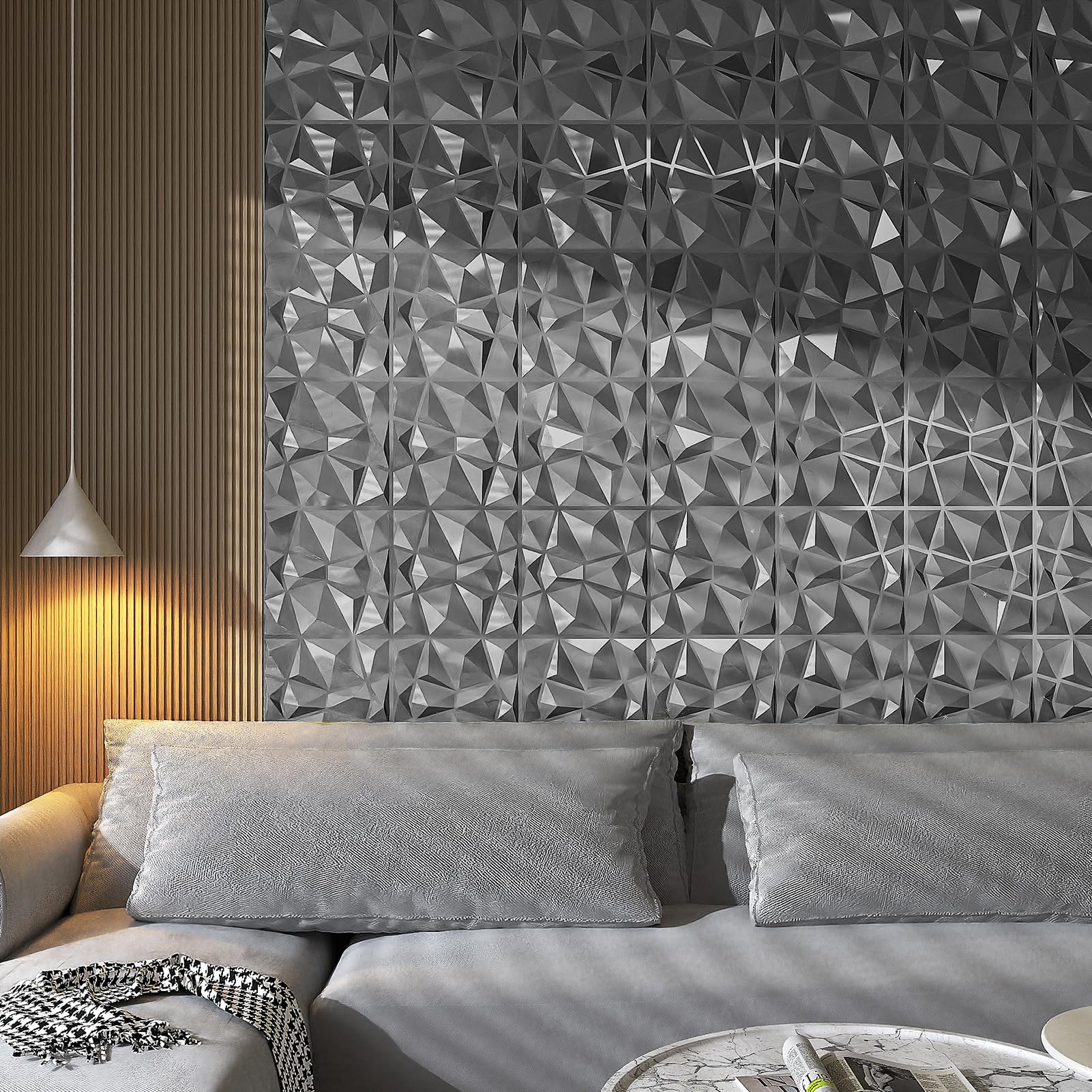 Art3d Paneles de diseño de diamante 3D para decoración de interiores, sala de estar, fondo de pared de TV, dormitorio, configuración de juegos, 30 x 30 cm, plateado, paquete de 33
