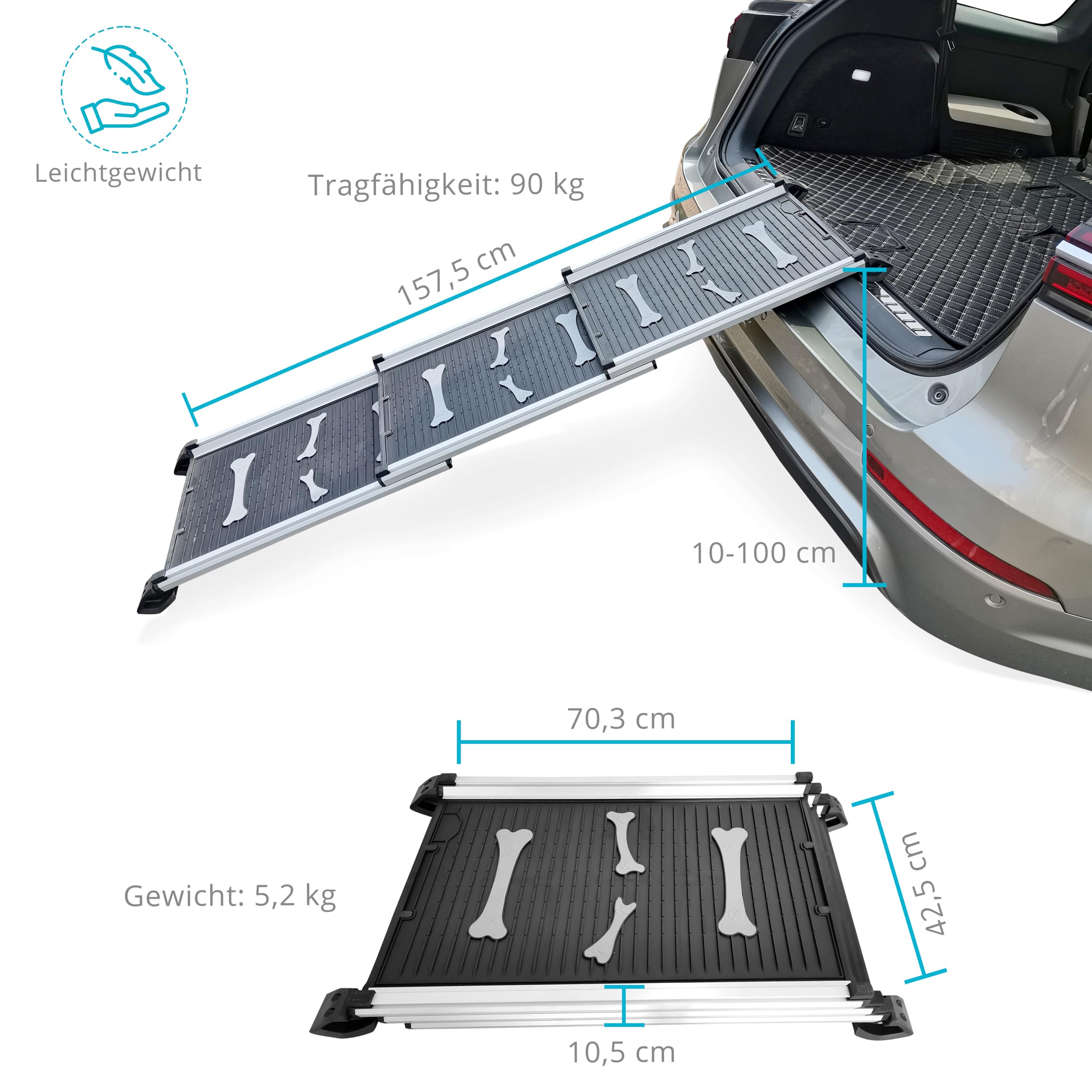 Teleskop-Hunderampe Auto-Hunderampe Hundeautorampe, Kofferraum | Auto-Kofferraumrampe für Haustiere, Autos, LKWs und SUVs Anti-Rutsch und klappbar Aus leichtem Aluminium Einstiegshilfe