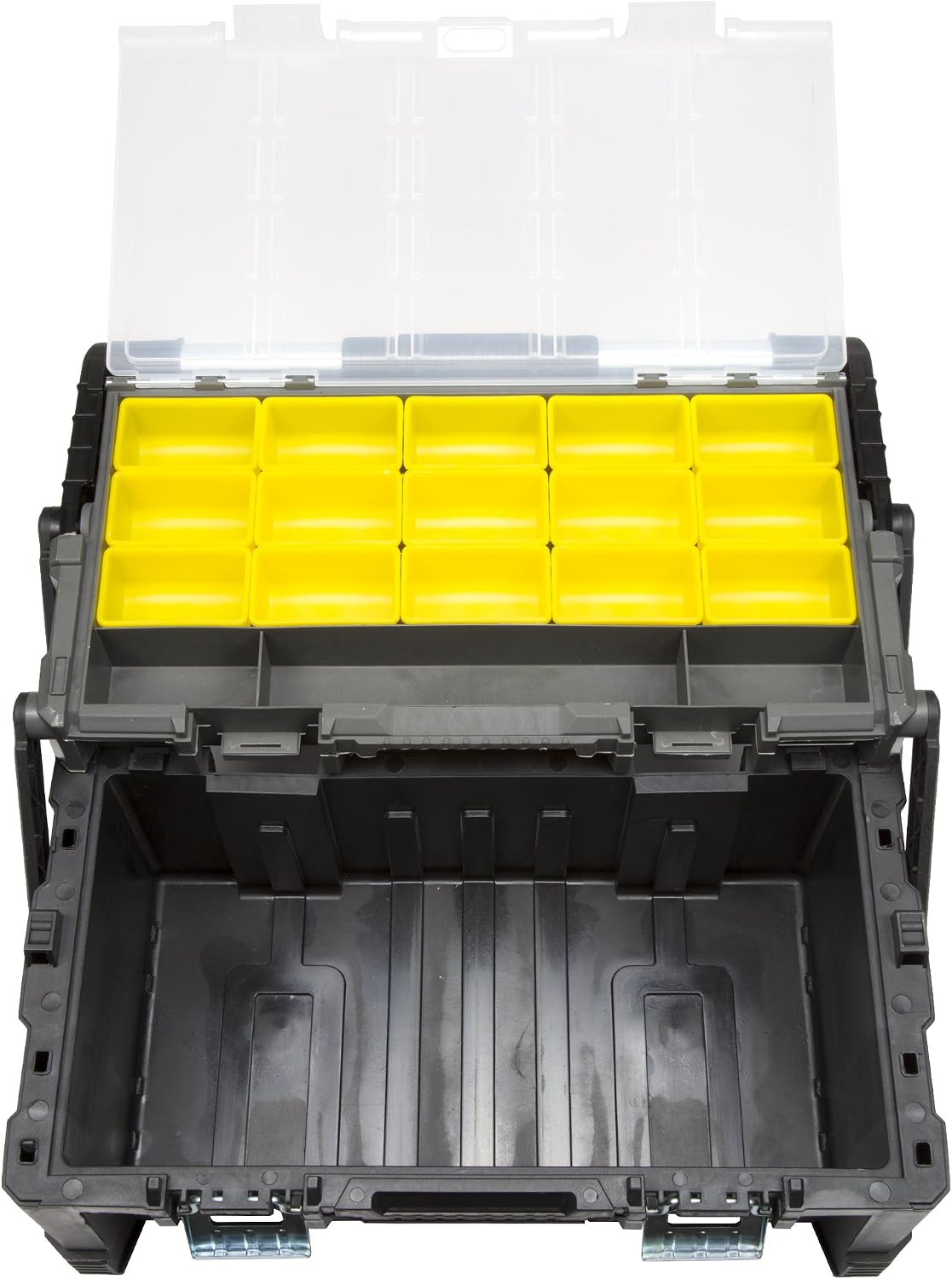 22-Inch Plastic Tool Box - Rugged Toolbox with 2-Tiers of Trays and 18 Compartments for Tools, Parts, Crafting Supplies, or Tackle by Stalwart