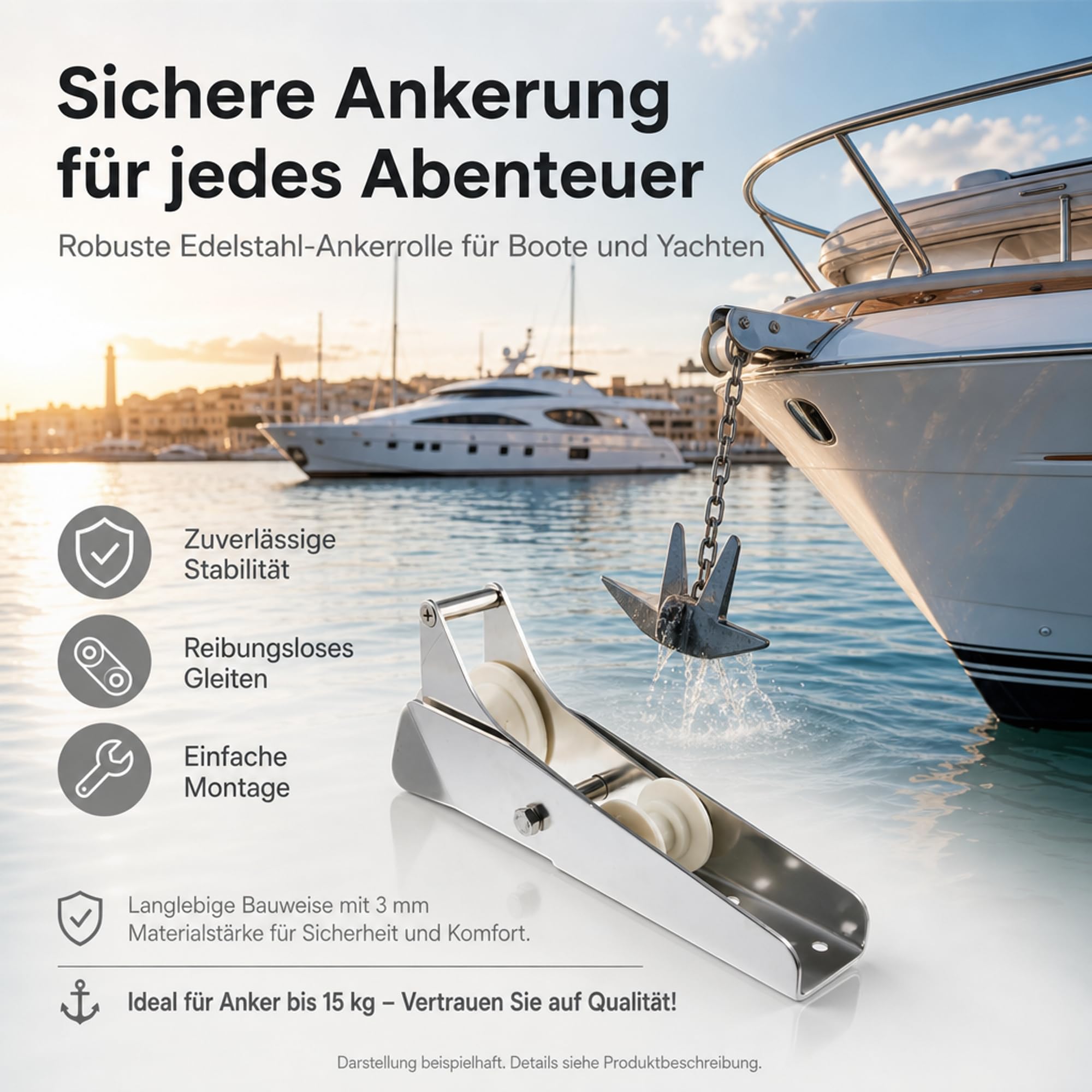 ARBO-INOX Bugrolle mit Wippe – Edelstahl-Ankerrolle – 33 cm für Boote
