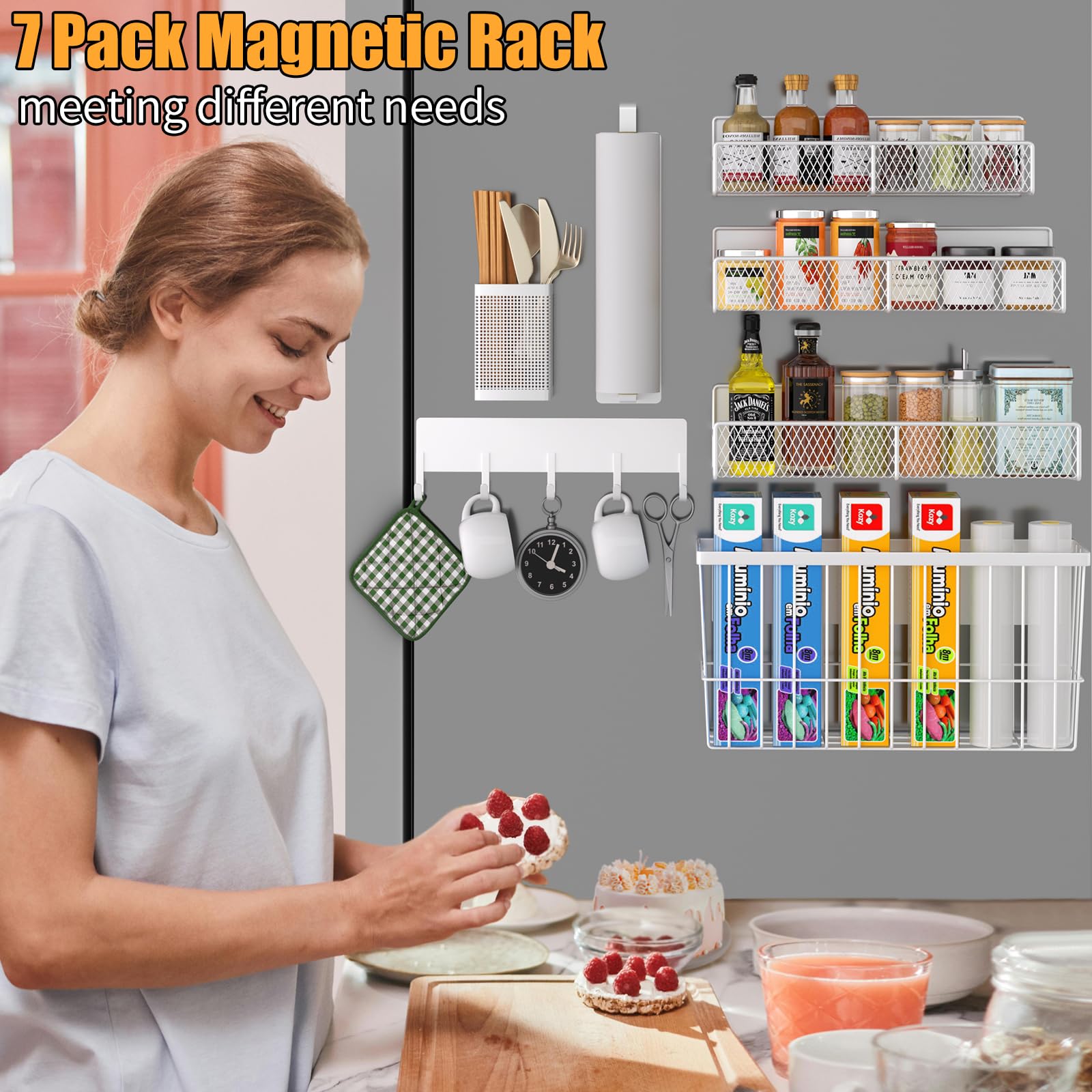 DTUQYX Estante magnético para especias para nevera, 7 estantes de metal, organizador portátil, estante con ganchos, soporte para toallas de papel, utensilios de cocina y tabla de cortar, blanco