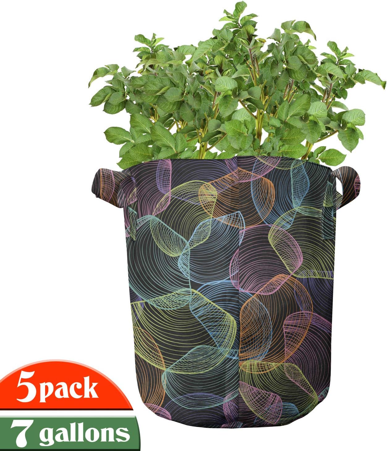 Ambesonne Digital Grow Bags 5-Pack, Futuristic Shell Forms Art, Heavyduty Fabric Pots with Handles for Plants, Charcoal Grey and Multicolor