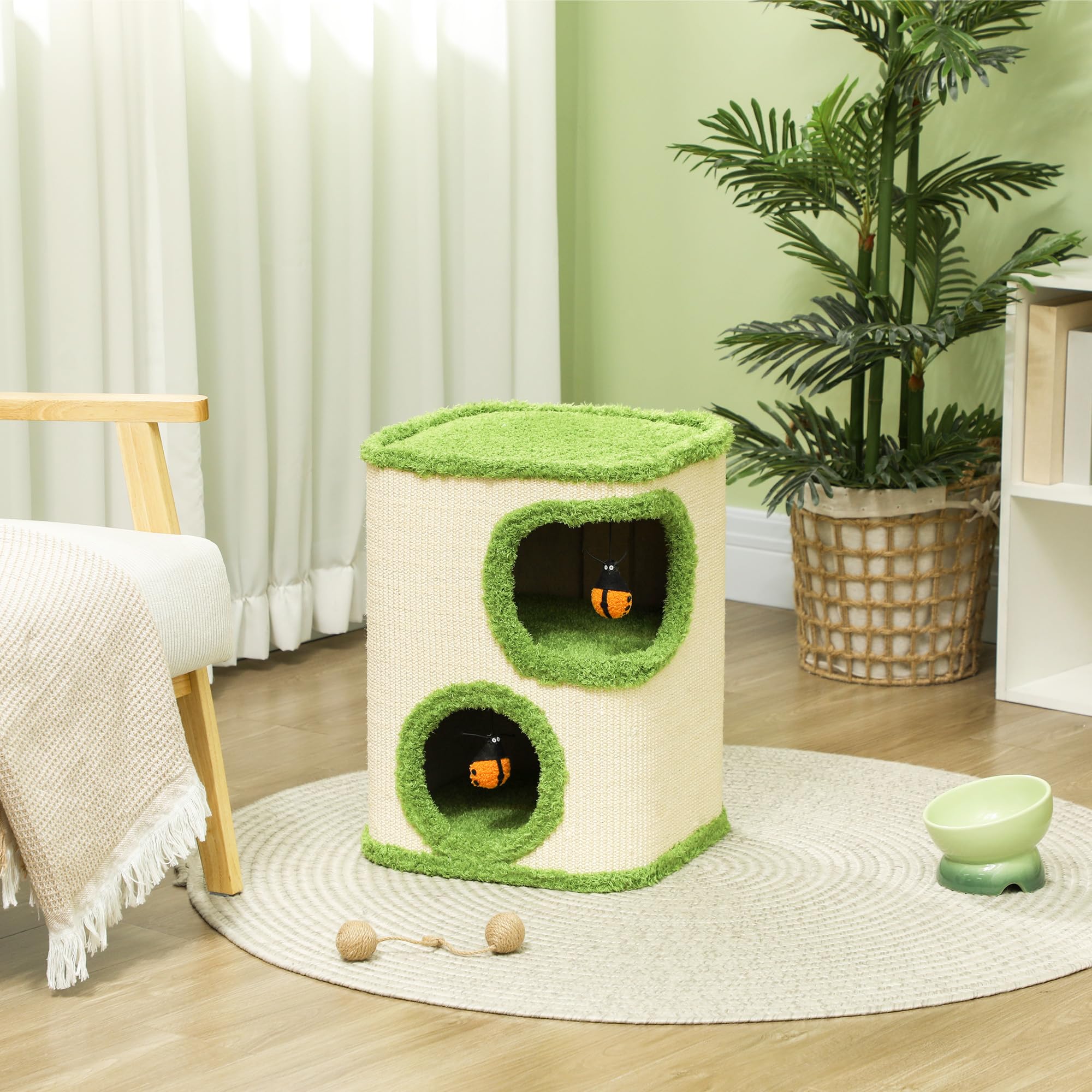 PawHut Kratztonne, 52 cm hoch Katzentonne mit 2 Höhle, Kratzbaum mit Marienkäfer-Spielzeug, Katzenturm aus Sisal, Katzenhöhle Katzenhütte für Katze bis 5 kg, Grün+Cremeweiß