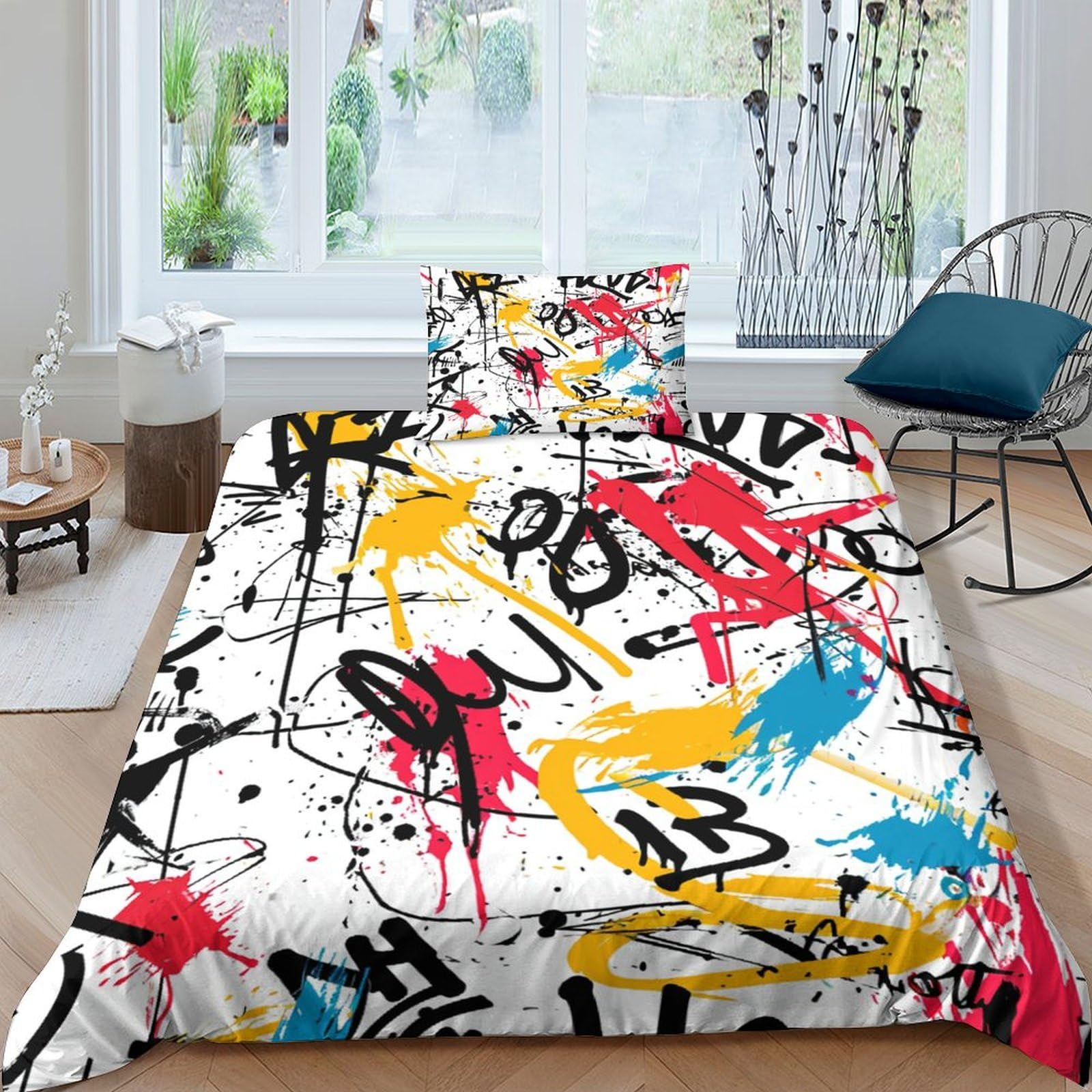 Housse de couette à fermeture éclair pour lit simple motif graffiti anti-glisse