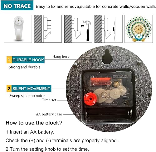Miniatura 7 de Reloj de pared grande de pavo real de 27.6 pulgadas, sin tictac, cristal silencioso, personalidad creativa, arte moderno, relojes de pared