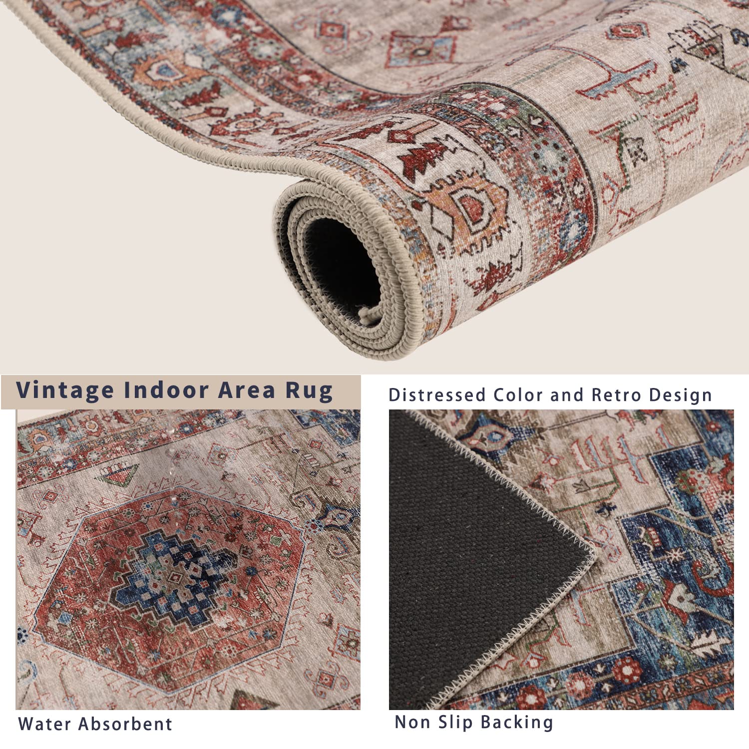 Falflor Area Rug 2'x 3' Vintage Distressed Entryway Rug Non Slip Indoor ...
