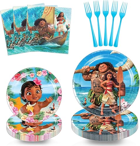 Moana - 80 piezas de suministros desechables para fiesta de cumpleaños, incluye platos, tenedores y servilletas para decoración de fiesta de moana