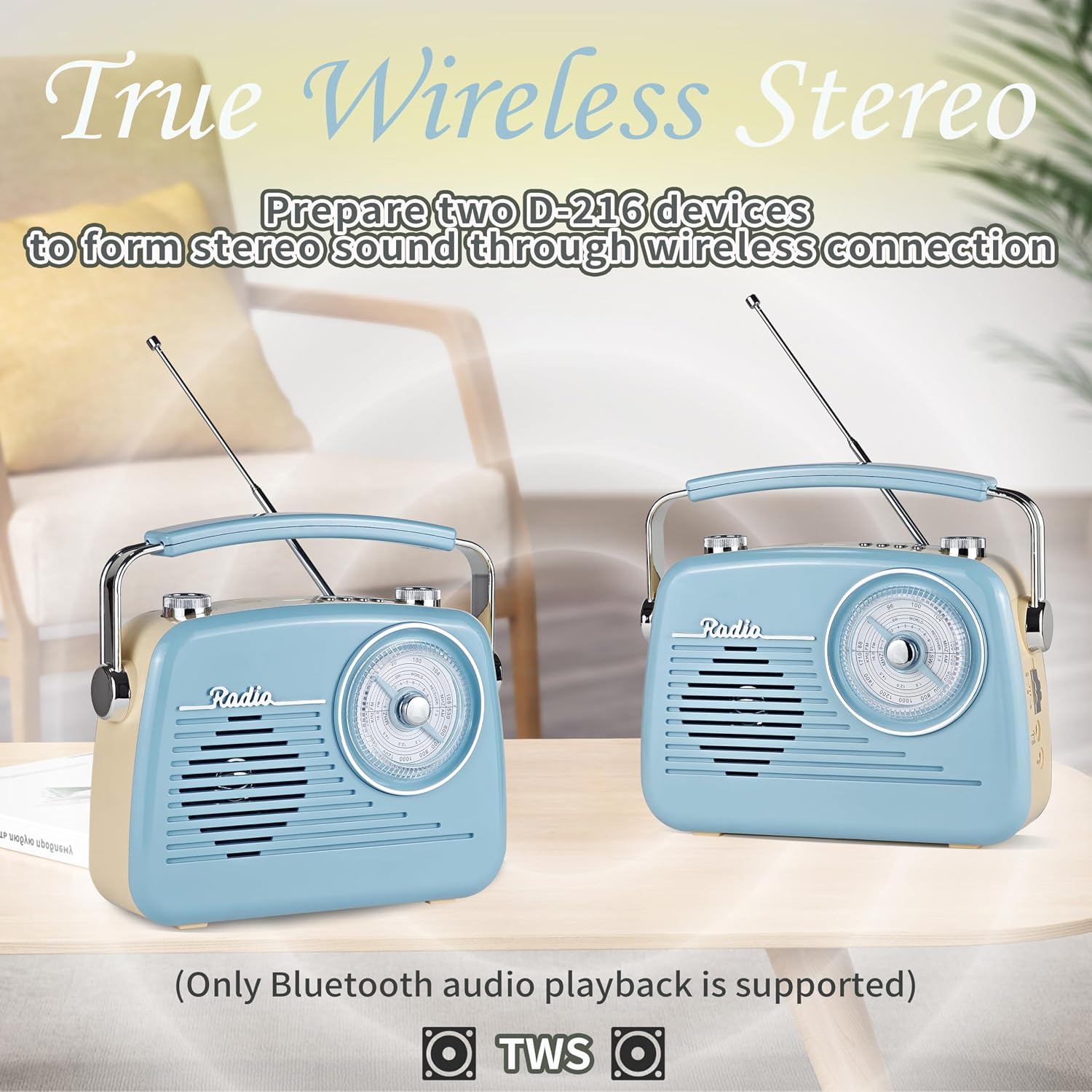 Portable AM FM Shortwave Vintage Radio Multifunctional Bluetooth Speaker 4 Power Options 5W Speaker TWS Stereo Plug-in Wall/Type-C Charging Emergency Radio for Home Outdoor Camping (Blue)